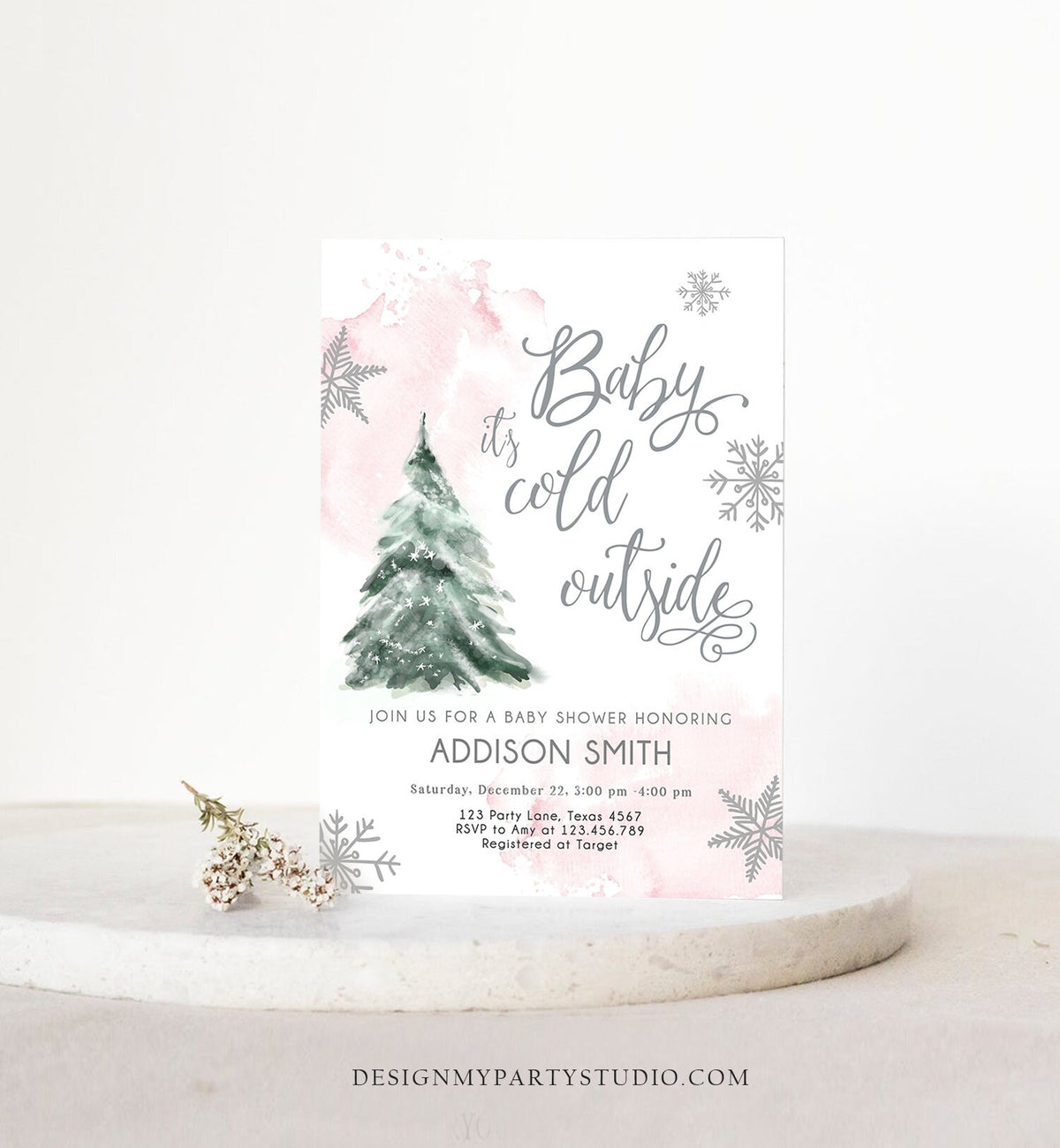 Editable Baby Its Cold Outside Baby Shower Invitation Winter Baby Shower Girl Blush Pink Snow Watercolor Tree Template Download Corjl 0363