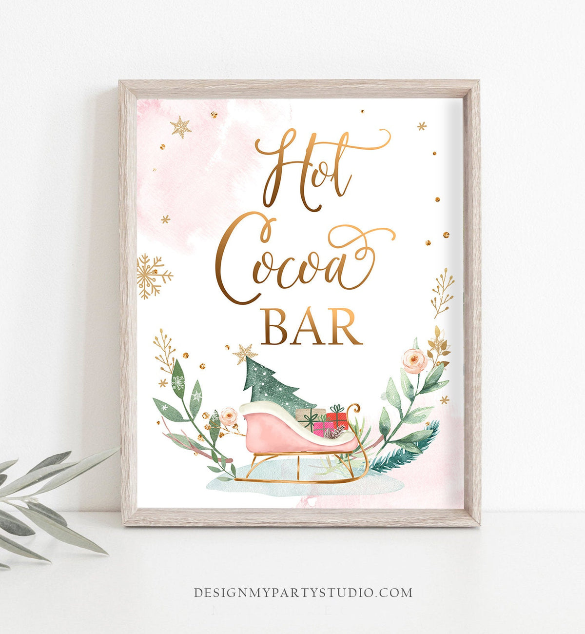 Hot Cocoa Bar Sign Hot Chocolate Bar Printable Table Sign Sleigh Birthday Winter Onederland Party Decor Pink Gold Digital Printable 0353