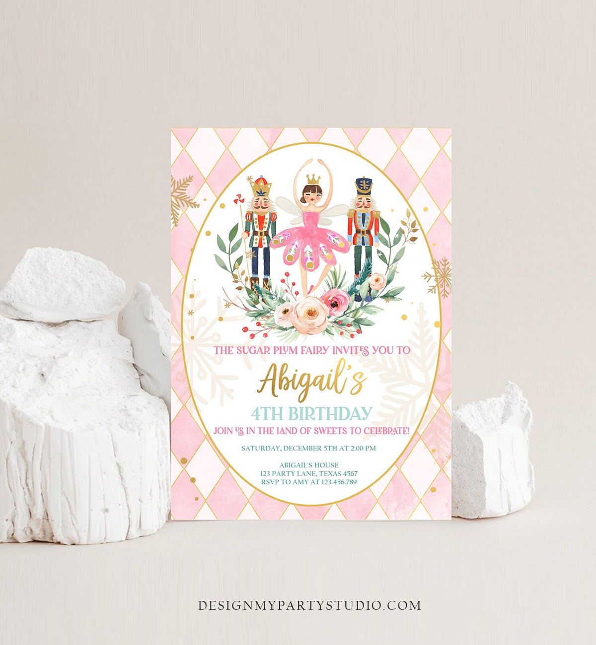 Editable Nutcracker Birthday Invitation Ballet Christmas Birthday Invite Pink Girl Sugar Plum Fairy Download Printable Template Corjl 0352