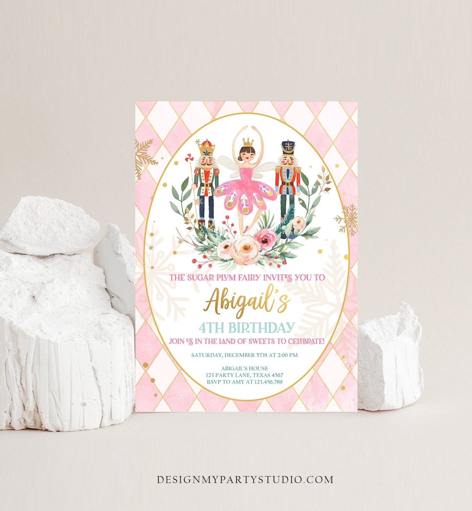 Editable Nutcracker Birthday Invitation Ballet Christmas Birthday Invite Pink Girl Sugar Plum Fairy Download Printable Template Corjl 0352