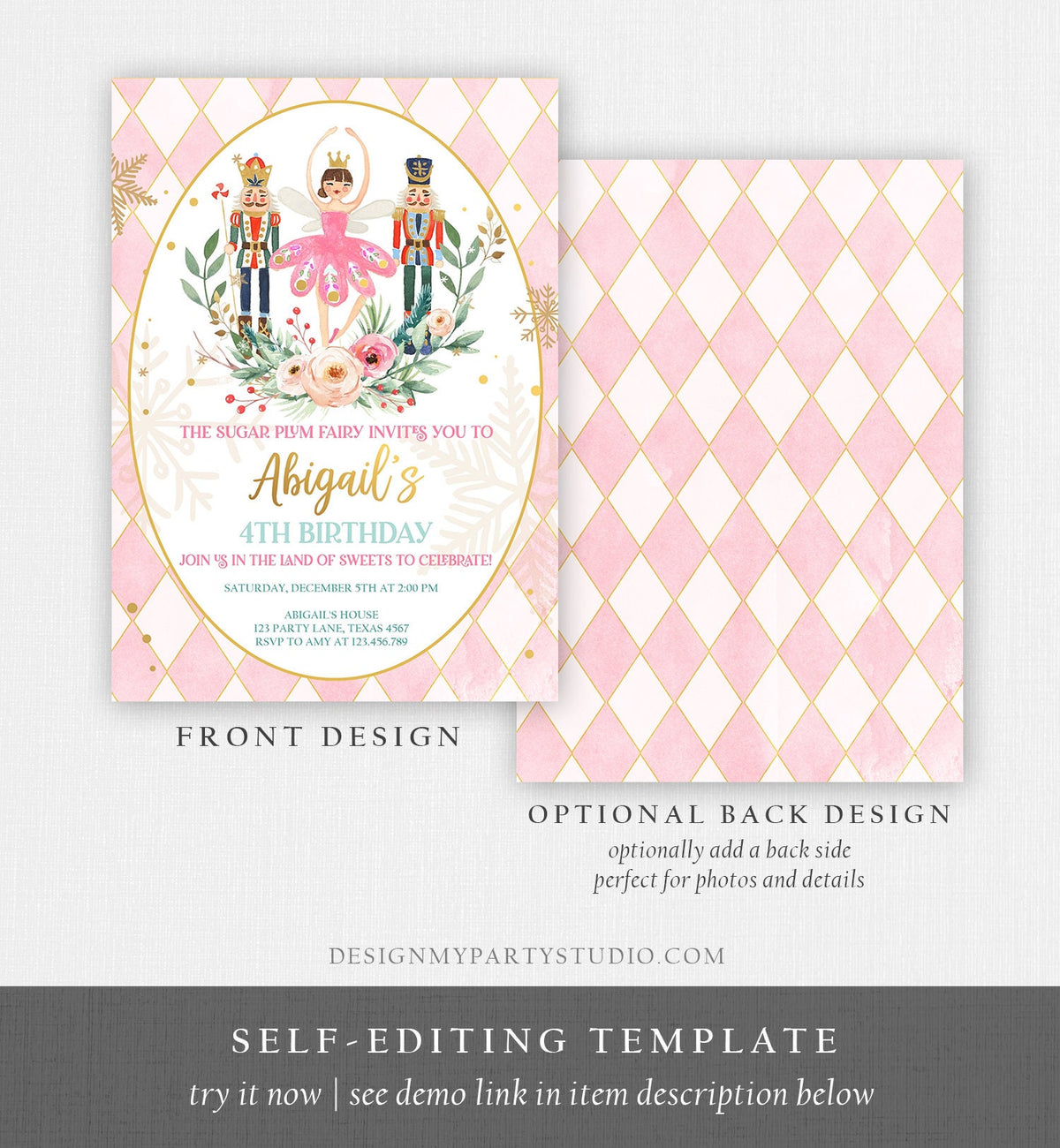 Editable Nutcracker Birthday Invitation Ballet Christmas Birthday Invite Pink Girl Sugar Plum Fairy Download Printable Template Corjl 0352
