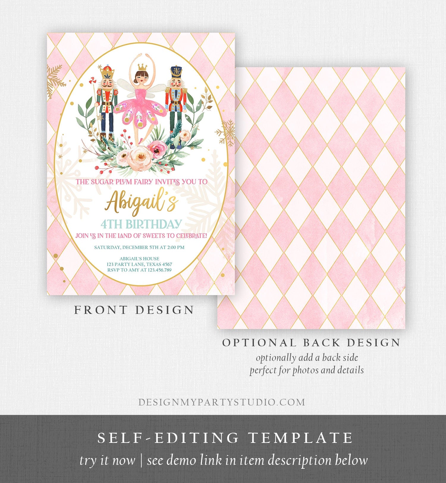 Editable Nutcracker Birthday Invitation Ballet Christmas Birthday Invite Pink Girl Sugar Plum Fairy Download Printable Template Corjl 0352