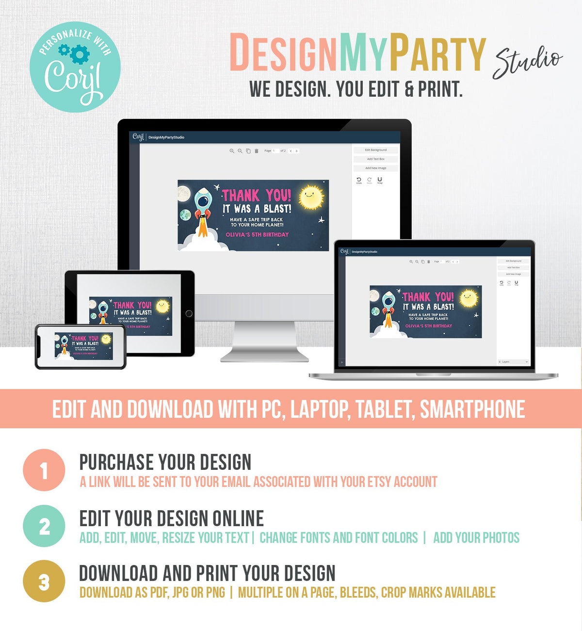 Editable Outer Space Rocket Treat Bag Toppers Birthday Girl Thank You It Was a Blast Sun Astronaut Space Ship Blast Off Corjl Template 0046