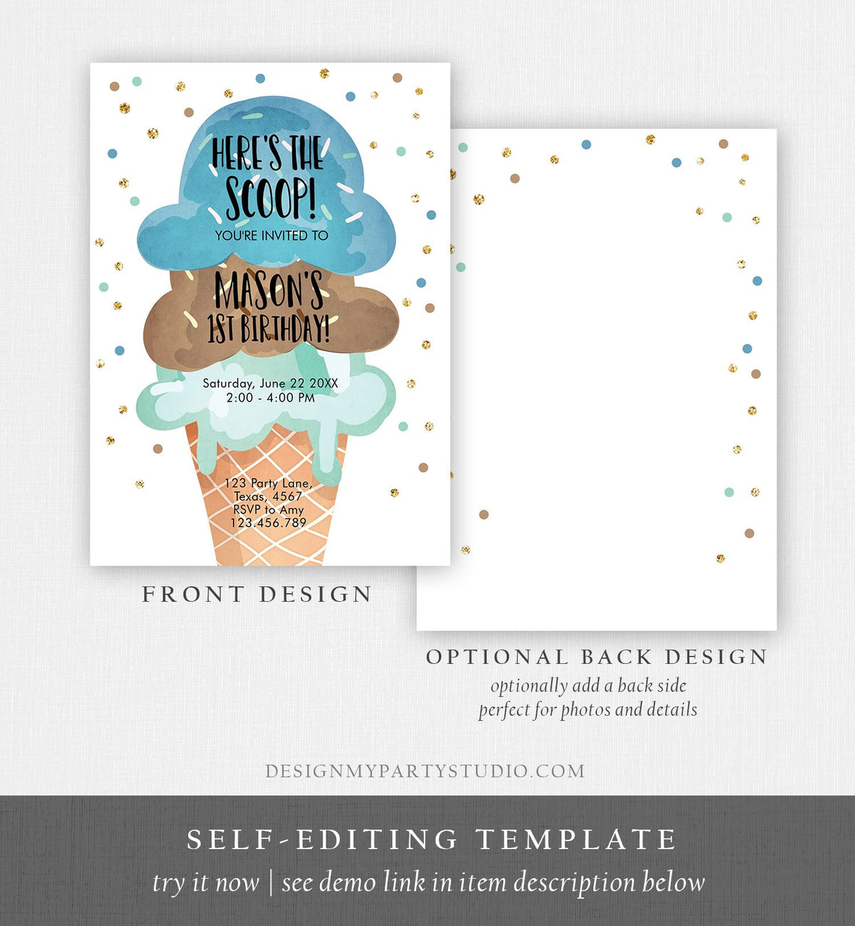 Editable Ice Cream Birthday Invitation First Birthday Party Here&#39;s the Scoop Cone Blue Mint Chocolate Boy Corjl Template Printable 0243