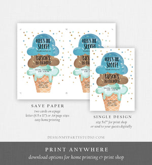 Editable Ice Cream Birthday Invitation First Birthday Party Here's the Scoop Cone Blue Mint Chocolate Boy Printable Template Corjl 0243