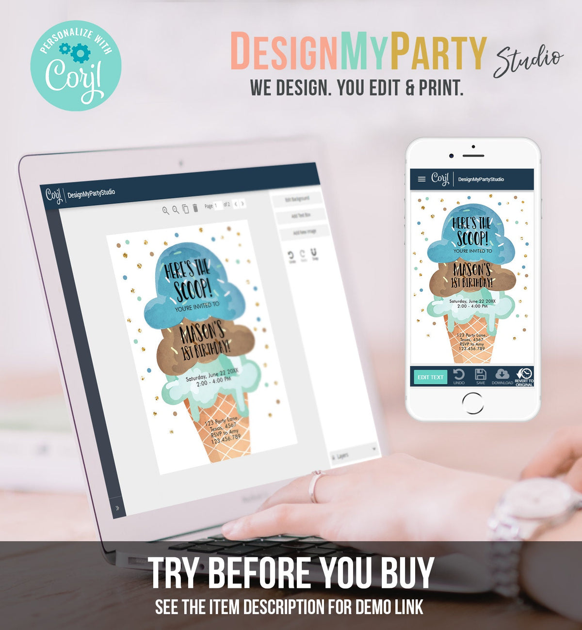 Editable Ice Cream Birthday Invitation First Birthday Party Here&#39;s the Scoop Cone Blue Mint Chocolate Boy Corjl Template Printable 0243
