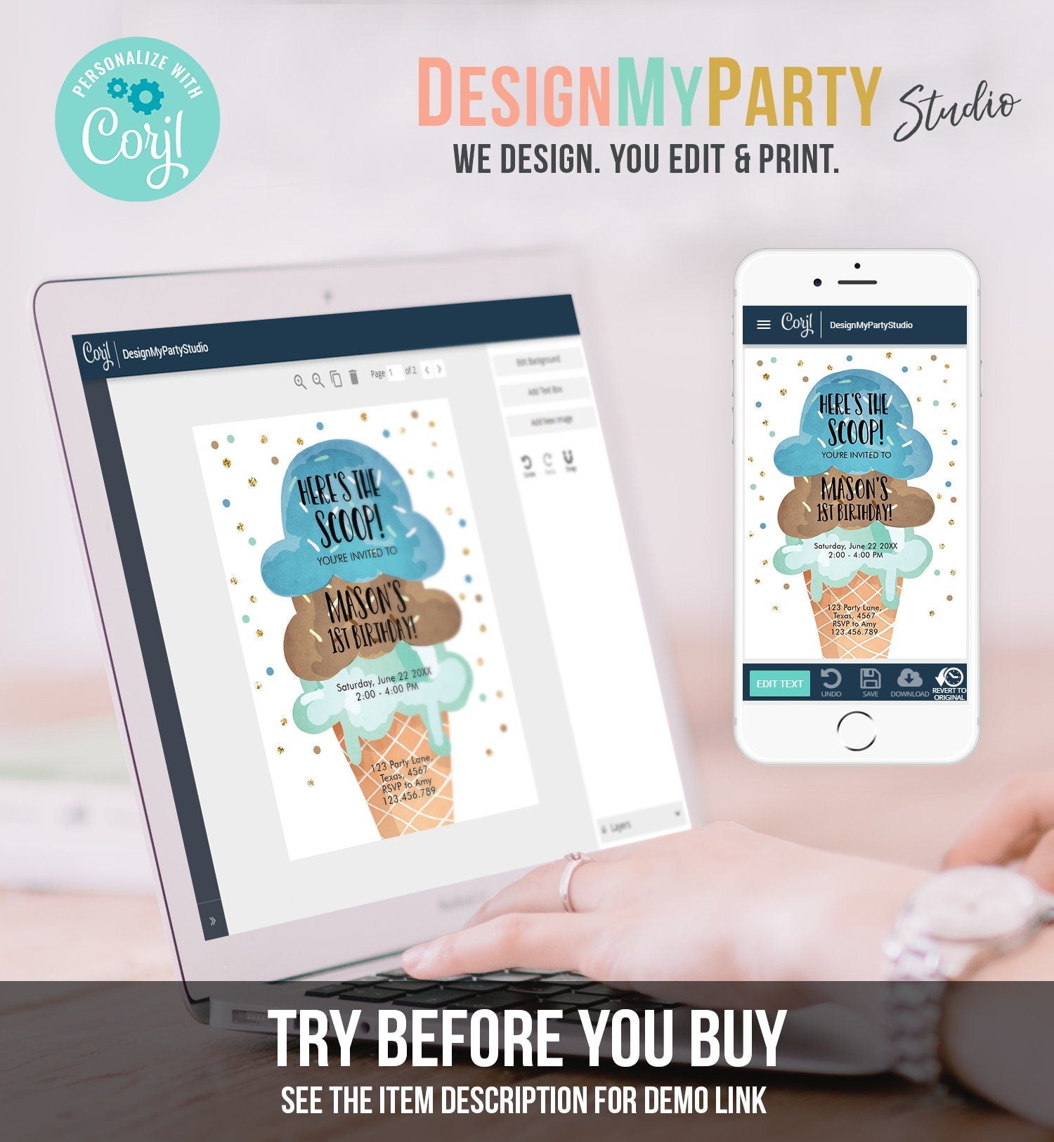 Editable Ice Cream Birthday Invitation First Birthday Party Here's the Scoop Cone Blue Mint Chocolate Boy Corjl Template Printable 0243