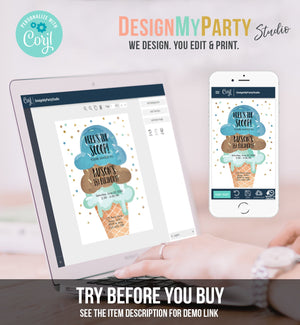 Editable Ice Cream Birthday Invitation First Birthday Party Here's the Scoop Cone Blue Mint Chocolate Boy Printable Template Corjl 0243
