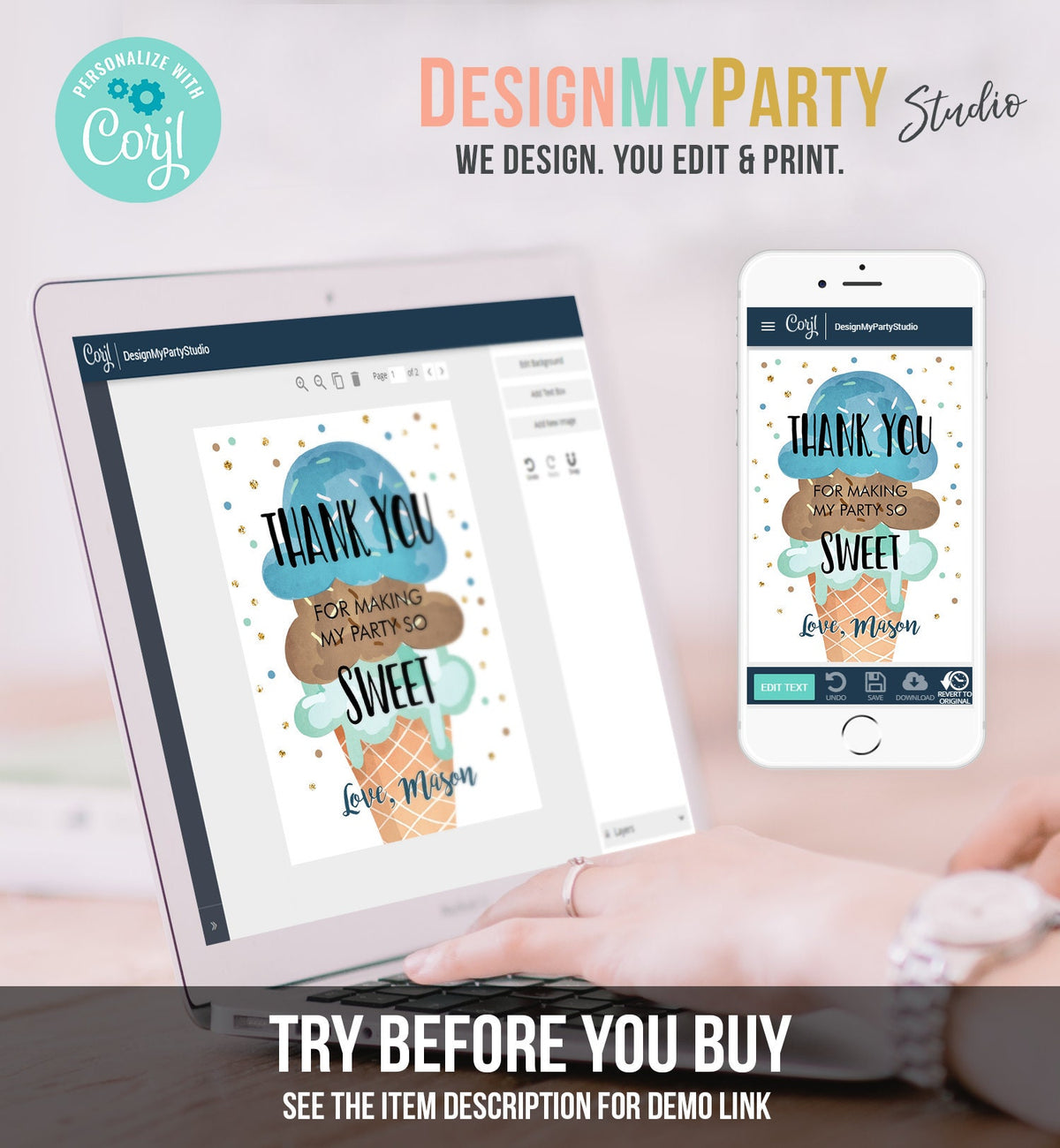 Editable Ice Cream Thank You Card Ice Cream Birthday Thank You Note Boy Birthday Summer Download Printable Template Digital Corjl 0243