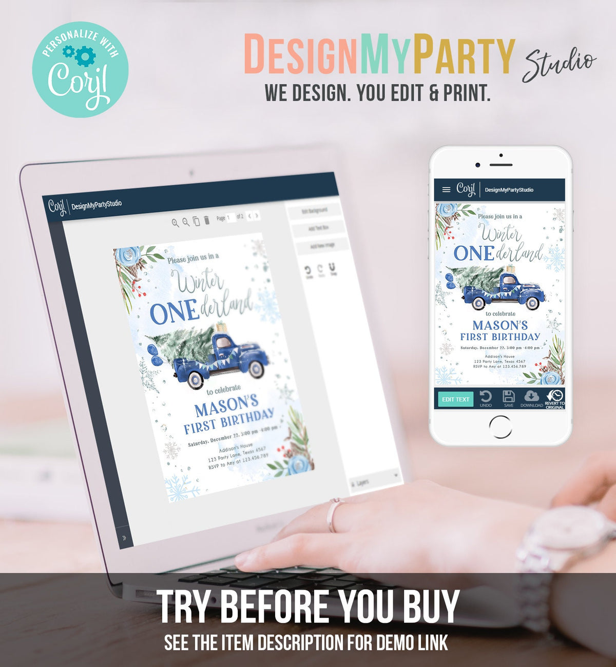 Editable Winter Onederland Winter First Birthday Invitation 1st Blue Boy Silver Floral Truck Christmas Digital Evite Template Printable 0356