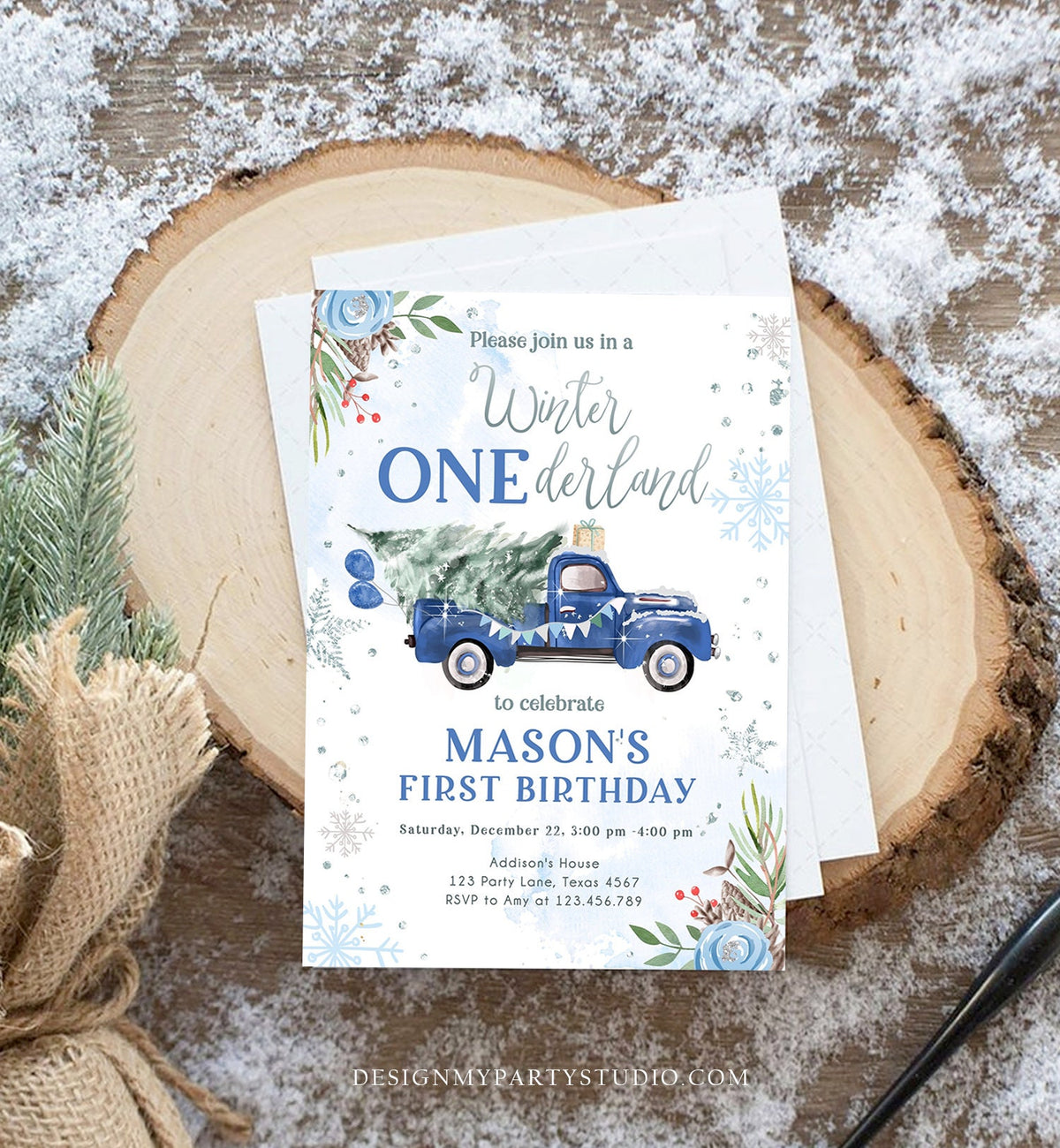 Editable Winter Onederland Winter First Birthday Invitation 1st Blue Boy Silver Floral Truck Christmas Digital Evite Template Printable 0356