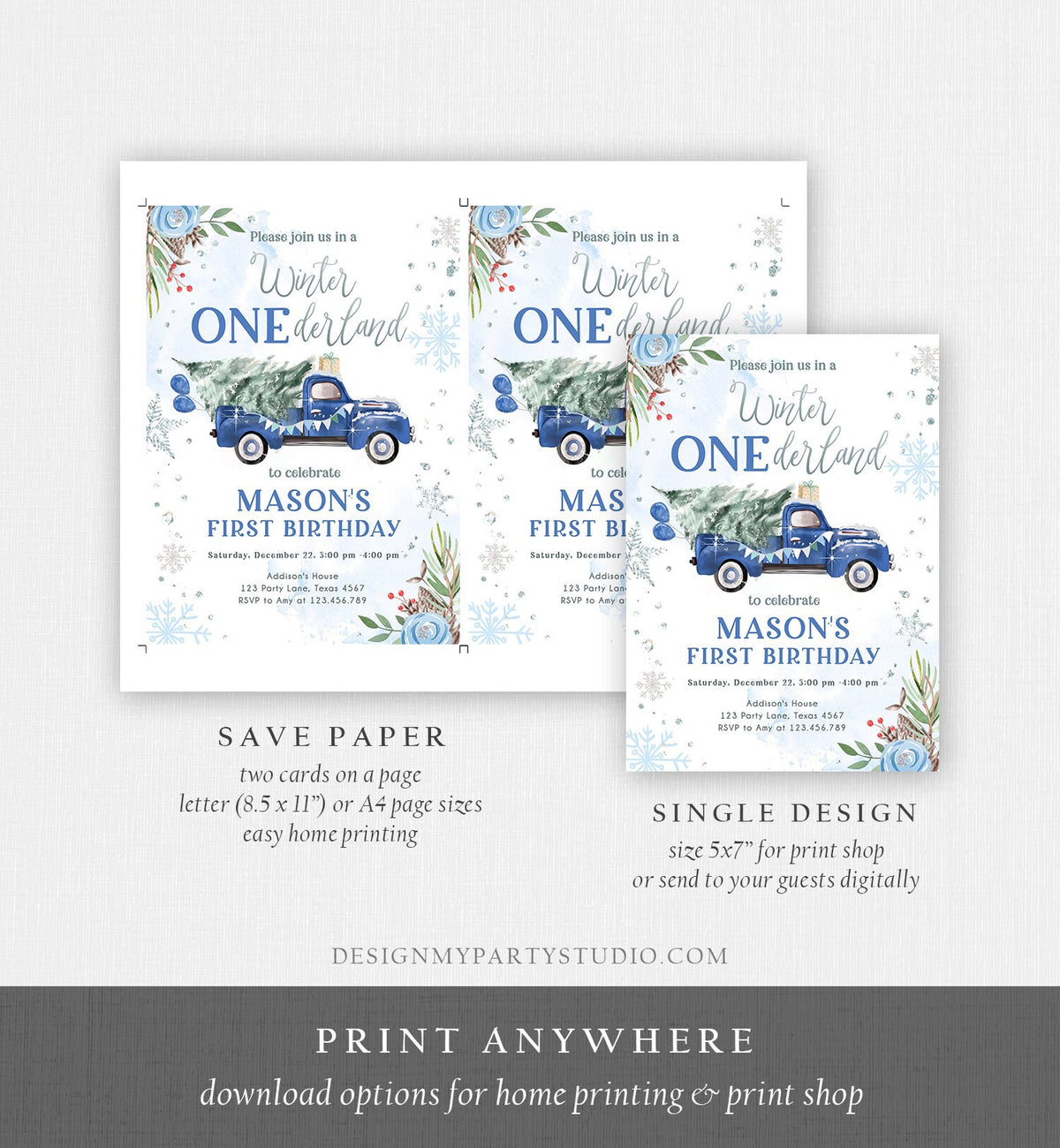 Editable Winter Onederland Winter First Birthday Invitation 1st Blue Boy Silver Floral Truck Christmas Digital Evite Template Printable 0356