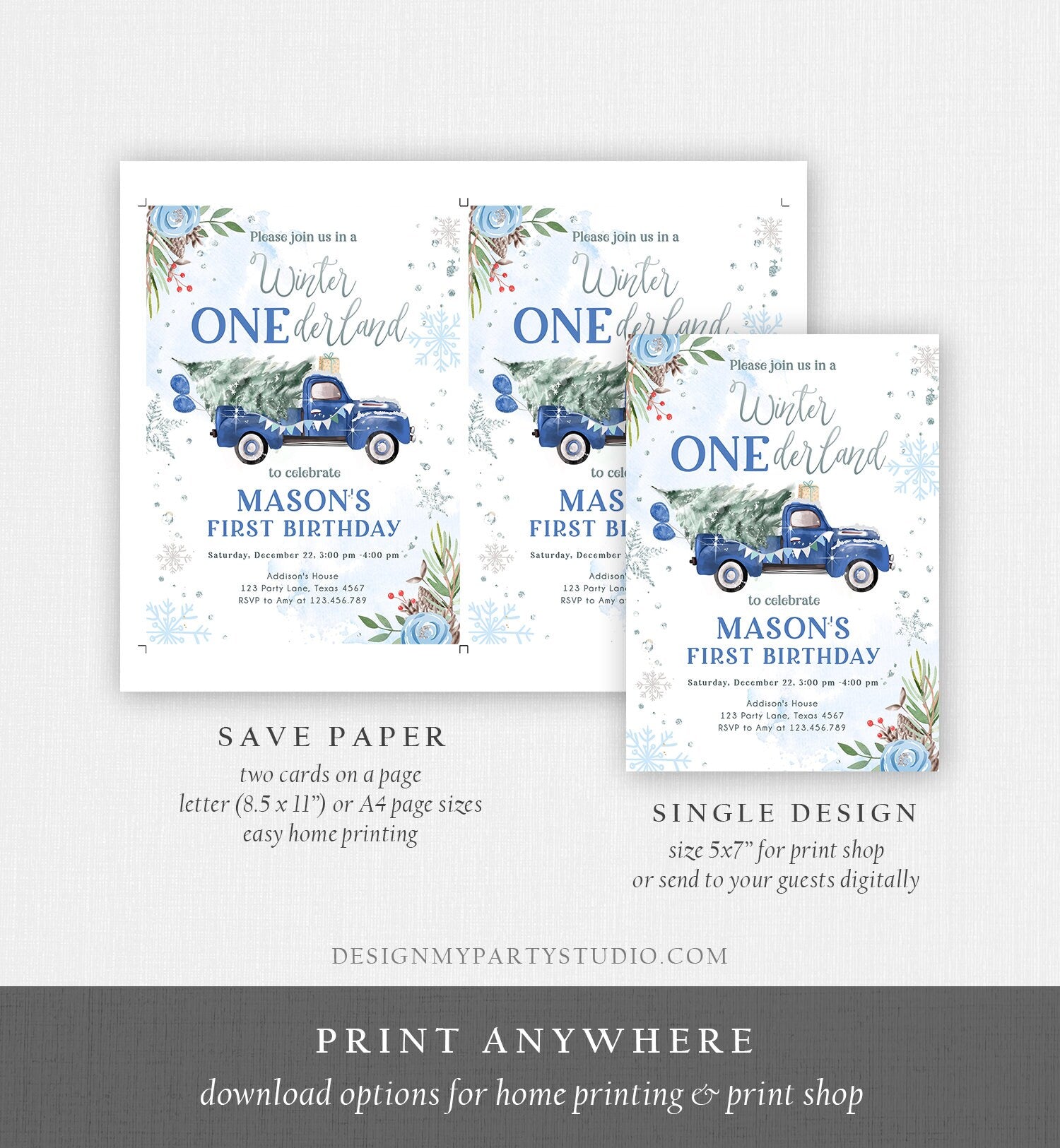 Editable Winter Onederland Winter First Birthday Invitation 1st Blue Boy Silver Floral Truck Christmas Digital Evite Template Printable 0356