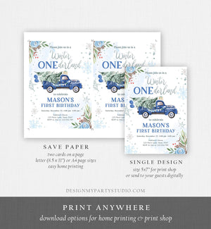 Editable Winter Onederland Winter First Birthday Invitation 1st Winter Blue Boy Silver Floral Truck Christmas Printable Template DIY 0356