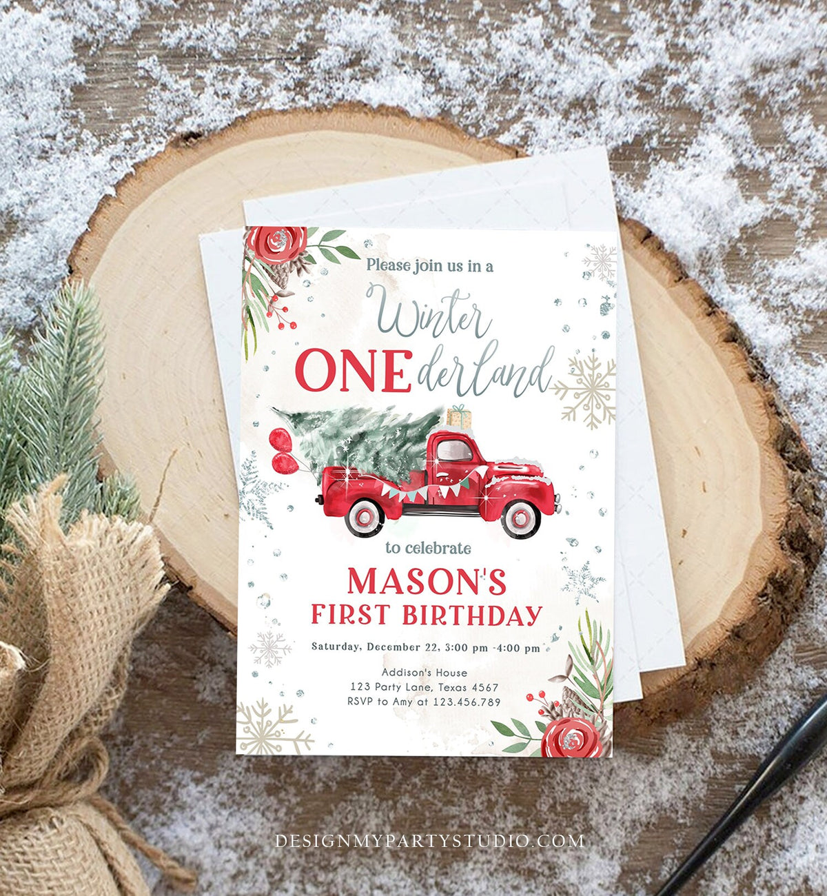 Editable Winter Onederland Winter First Birthday Invitation 1st Winter Red Boy Silver Floral Truck Christmas Digital Template Printable 0356