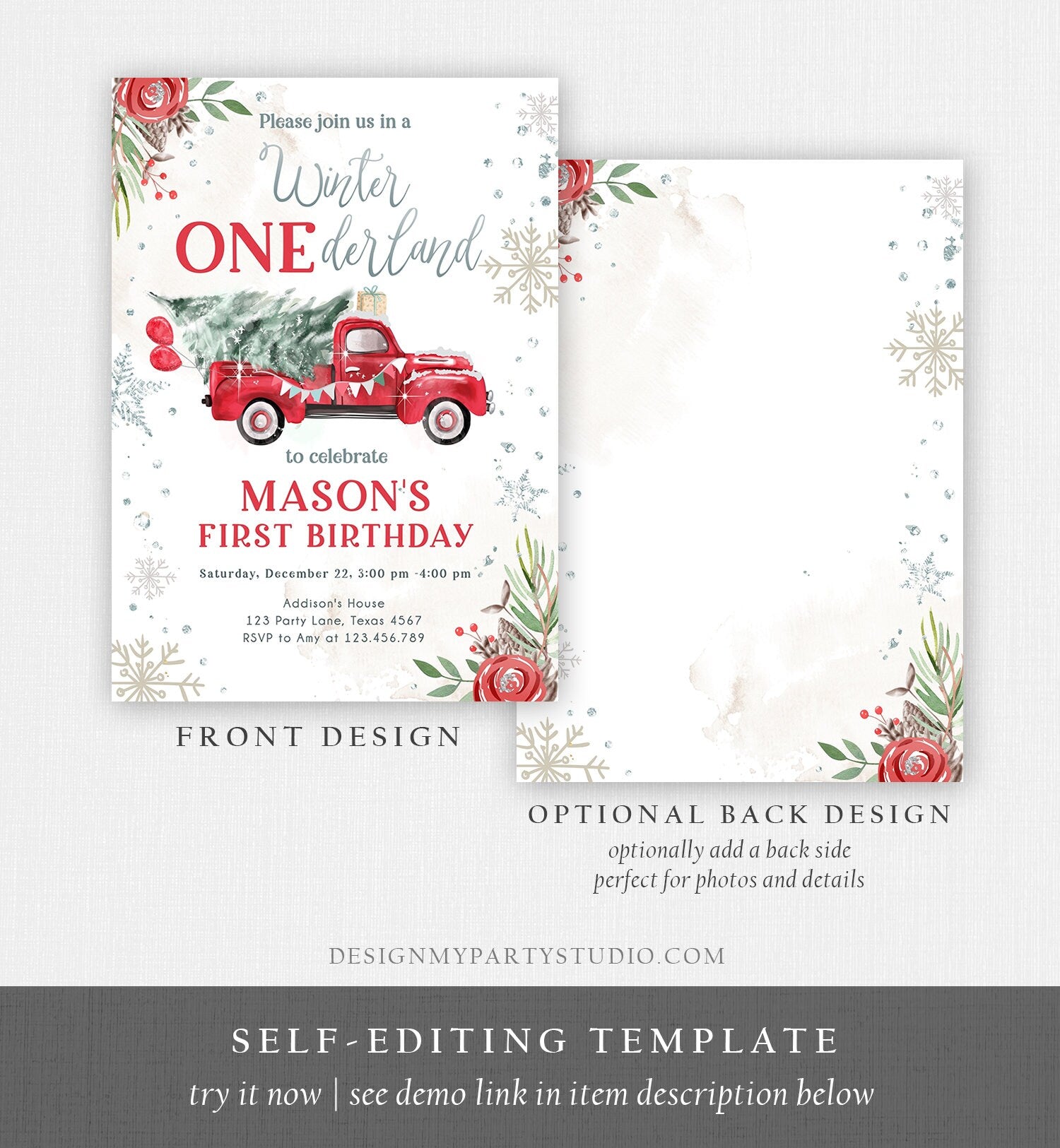 Editable Winter Onederland Winter First Birthday Invitation 1st Winter Red Boy Silver Floral Truck Christmas Digital Template Printable 0356