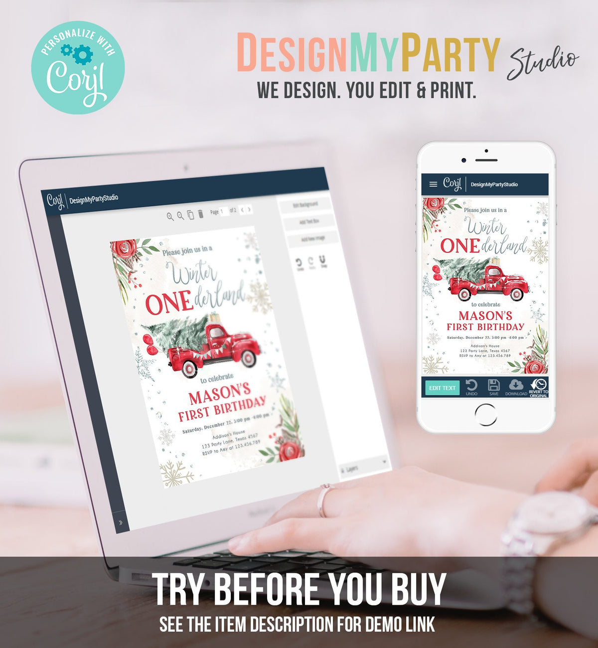 Editable Winter Onederland Winter First Birthday Invitation 1st Winter Red Boy Silver Floral Truck Christmas Digital Template Printable 0356