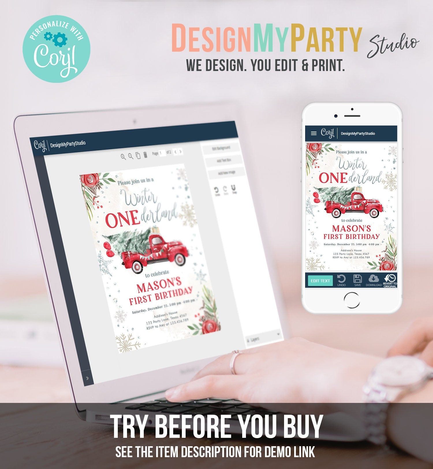 Editable Winter Onederland Winter First Birthday Invitation 1st Winter Red Boy Silver Floral Truck Christmas Digital Template Printable 0356
