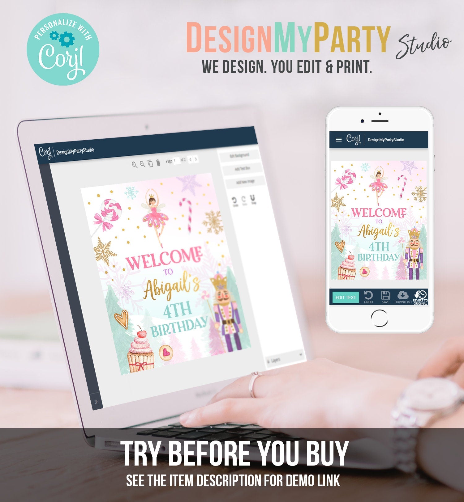 Editable Nutcracker Birthday Welcome Sign Winter Birthday Girl Land of Sweets Party Christmas Holiday Poster Digital Template Printable 0352