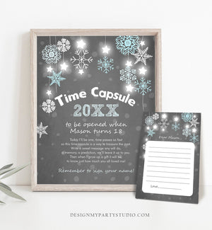 Editable Winter Onederland Time Capsule First Birthday Party Game Wonderland Boy Blue Snow Guestbook Download Corjl Template Printable 0057