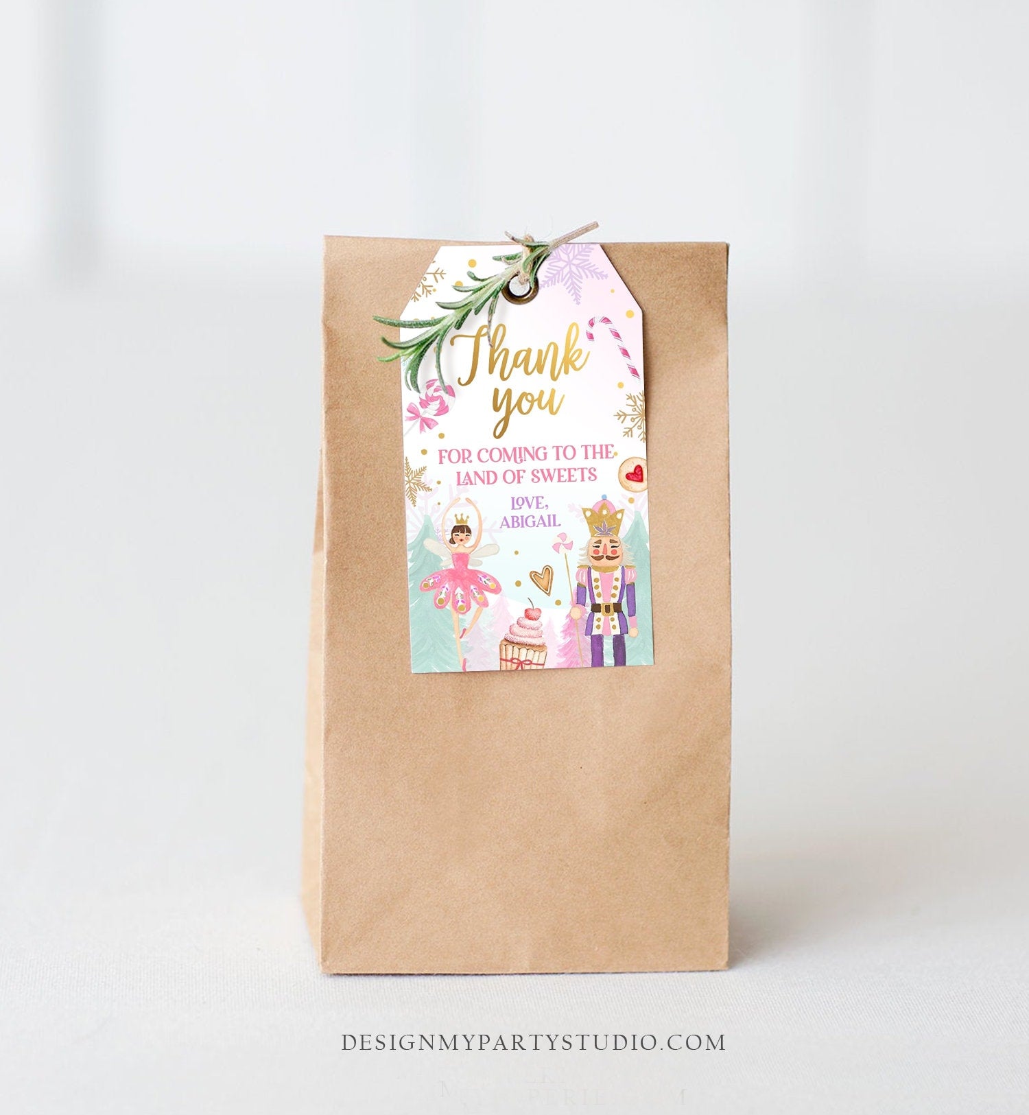 Editable Nutcracker Favor Tag Birthday Land of Sweets Thank You Tag Sugar Plum Fairy Christmas Winter Pink Gold Girl Template Printable 0352