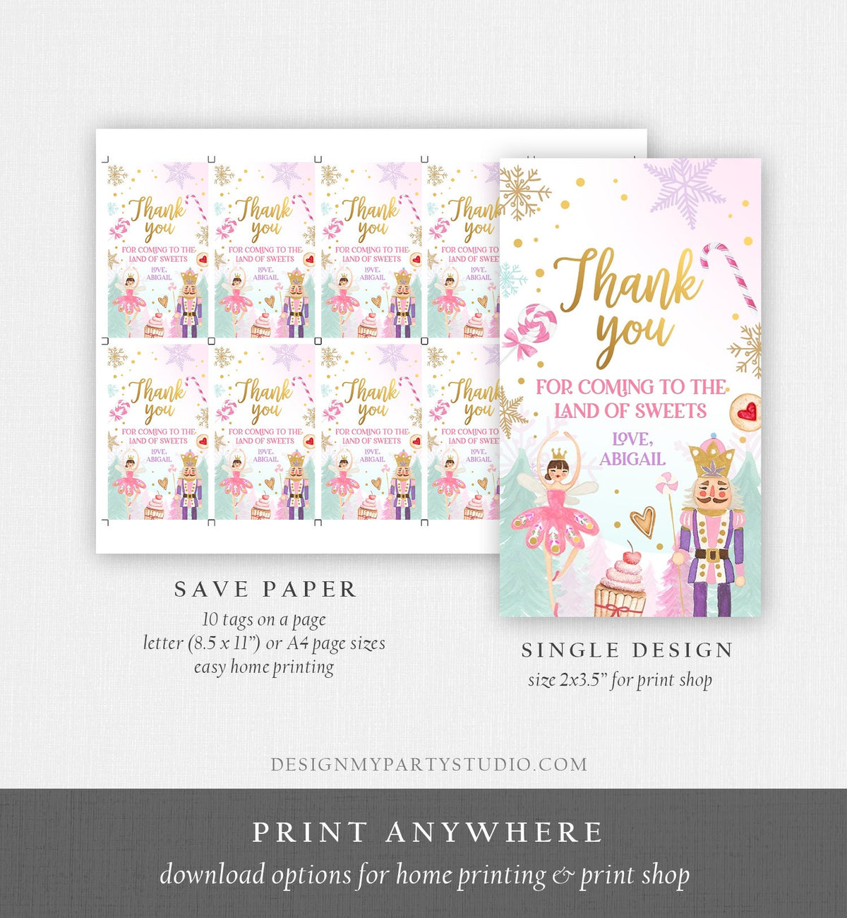 Editable Nutcracker Favor Tag Birthday Land of Sweets Thank You Tag Sugar Plum Fairy Christmas Winter Pink Gold Girl Template Printable 0352