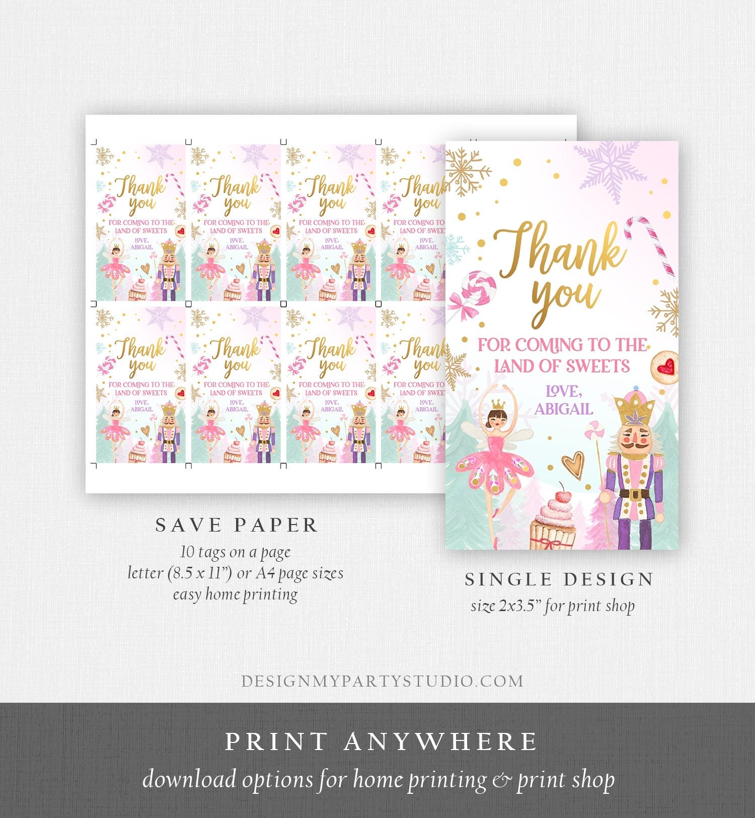 Editable Nutcracker Favor Tag Birthday Land of Sweets Thank You Tag Sugar Plum Fairy Christmas Winter Pink Gold Girl Template Printable 0352