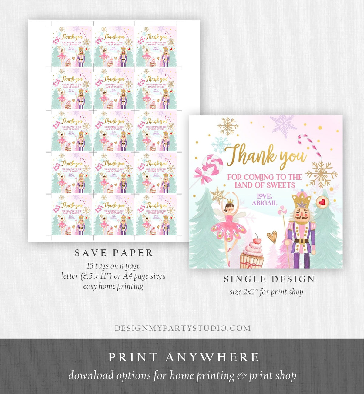 Editable Nutcracker Favor Tag Nutcracker Birthday Land of Sweets Thank You Tag Sugar Plum Fairy Christmas Winter Pink Gold Girl Corjl 0352