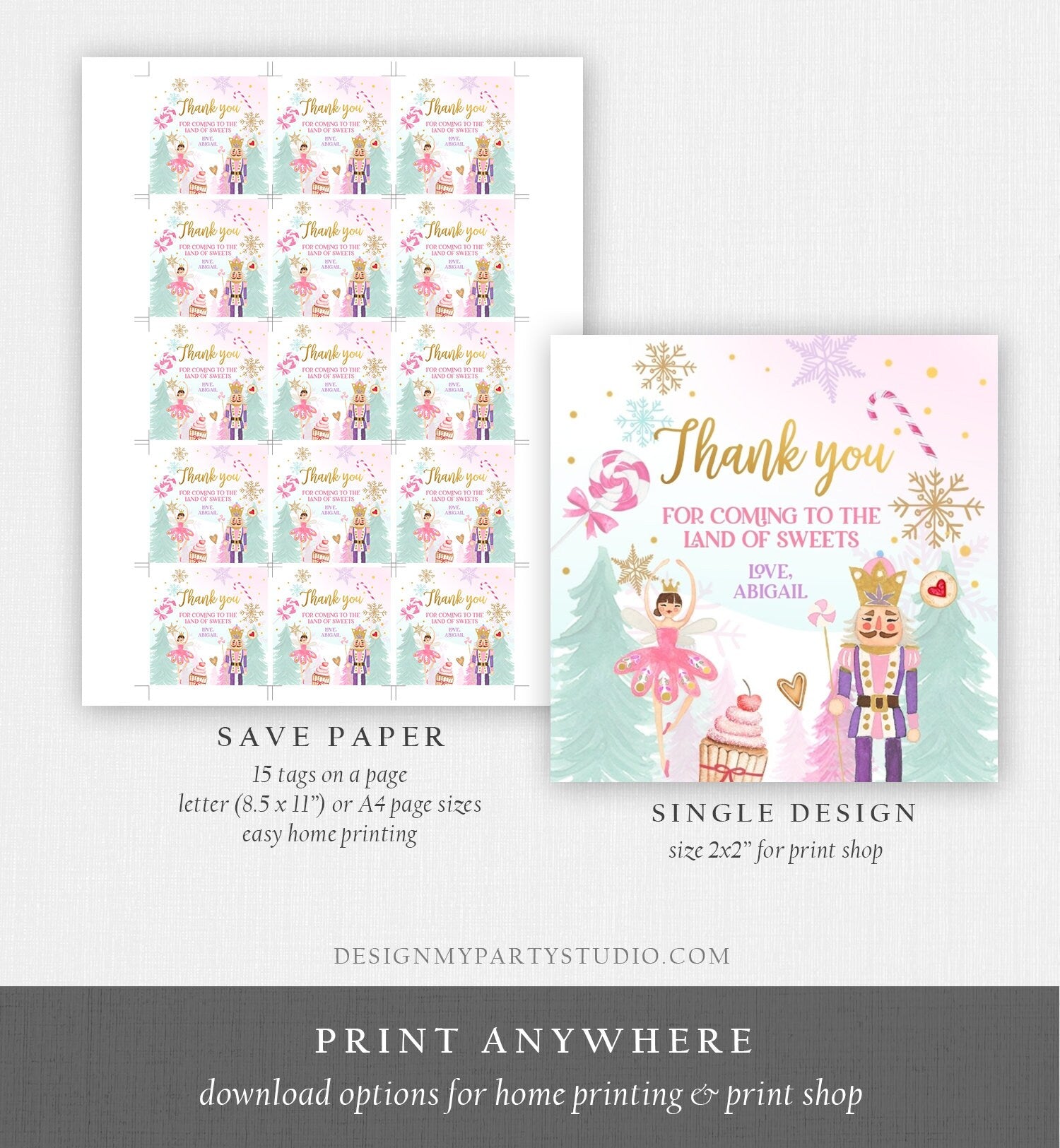 Editable Nutcracker Favor Tag Nutcracker Birthday Land of Sweets Thank You Tag Sugar Plum Fairy Christmas Winter Pink Gold Girl Corjl 0352