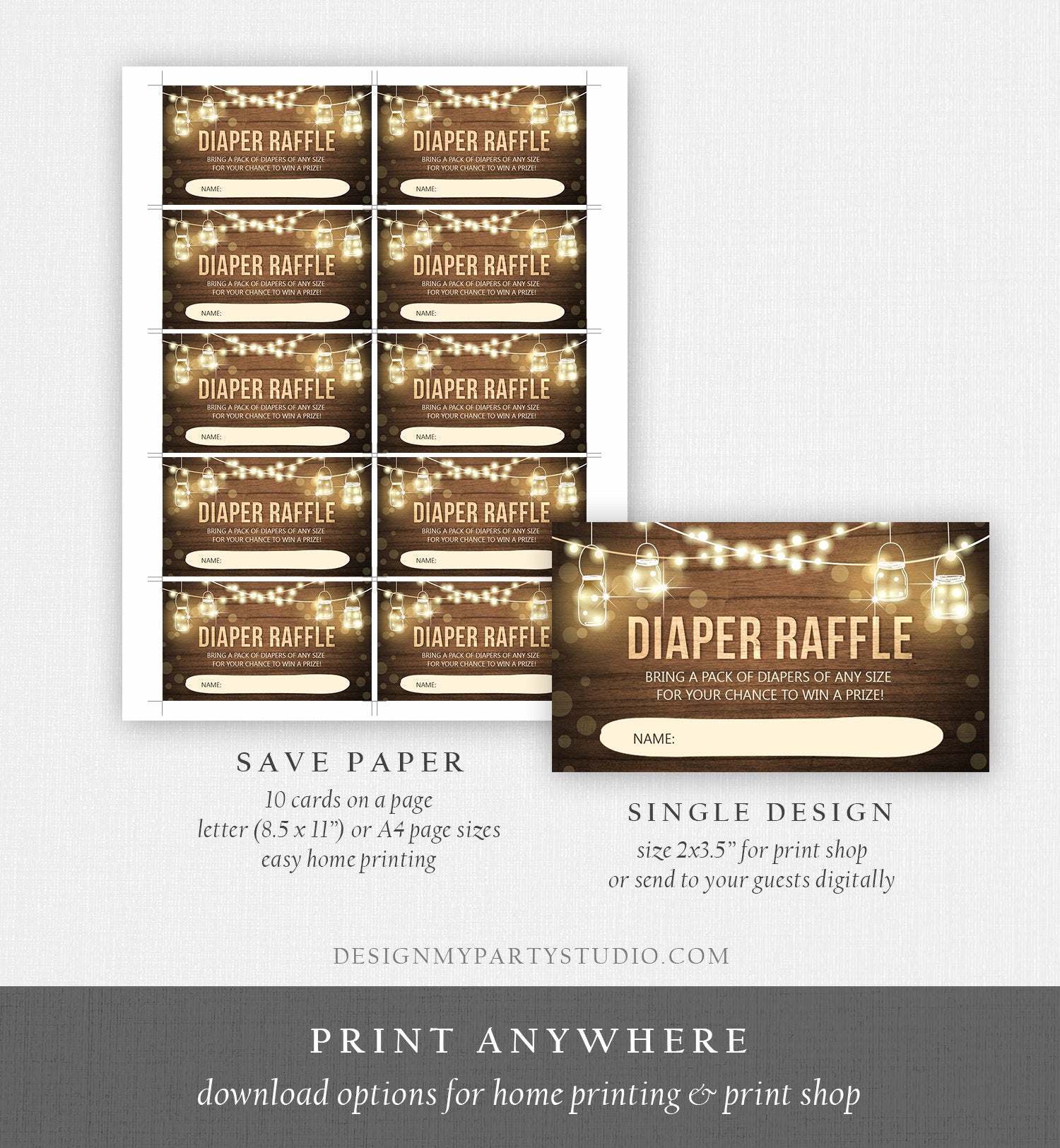 Editable Rustic Wood Diaper Raffle Ticket Baby Shower Insert Card Gender Neutral String Lights Autumn Fall Digital Template Printable 0015