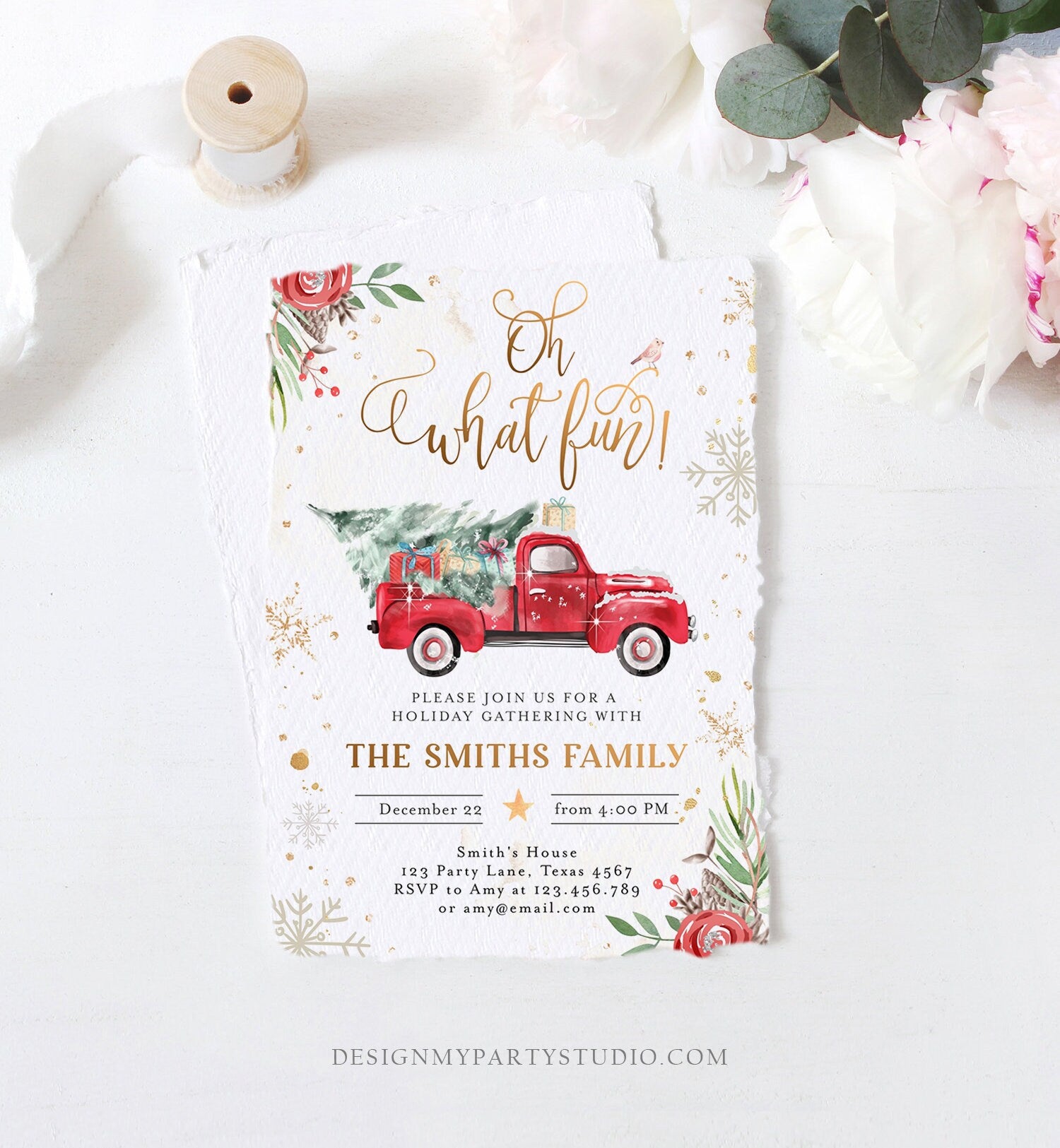 Editable Oh What Fun! Holiday Party Christmas Party Invitation Red Truck Tree Winter Birthday Digital Download Evite Template Printable 0356