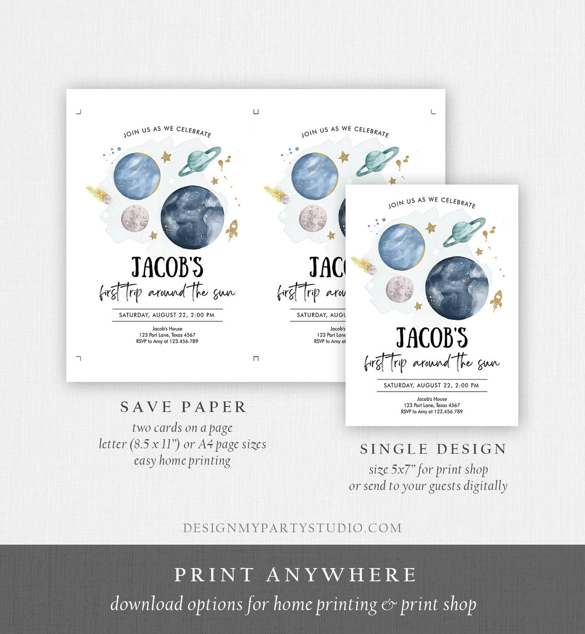 Editable Outer Space First Birthday Invitation Galaxy Blast Off First Trip Around the Sun Download Printable Template Digital Corjl 0357