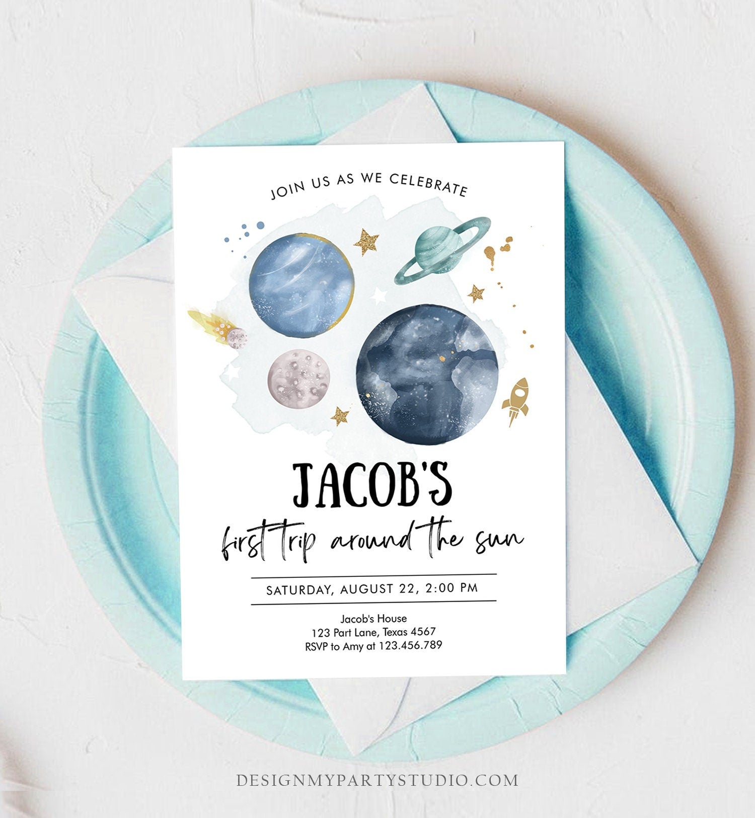 Editable Outer Space First Birthday Invitation Galaxy Blast Off First Trip Around the Sun Download Printable Template Digital Corjl 0357