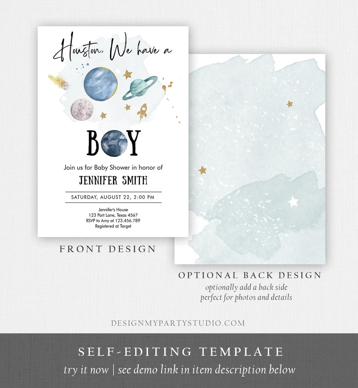 Editable Space Baby Shower Invitation Galaxy Outer Space It&#39;s a Boy Blue Planets Moon Houston Digital Download Evite Template Printable 0357
