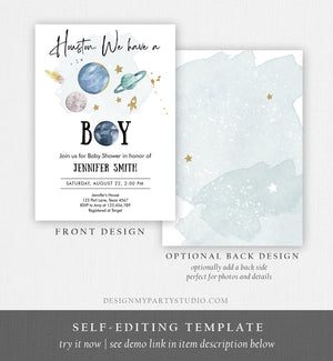 Editable Space Baby Shower Invitation Galaxy Outer Space It's a Boy Blue Planets Moon Houston Invite Template Instant Download Corjl 0357