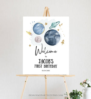 Editable Outer Space Birthday Welcome Sign 1st Birthday Boy Galaxy Planets Trip Around the Sun Astronaut Template PRINTABLE Corjl 0357