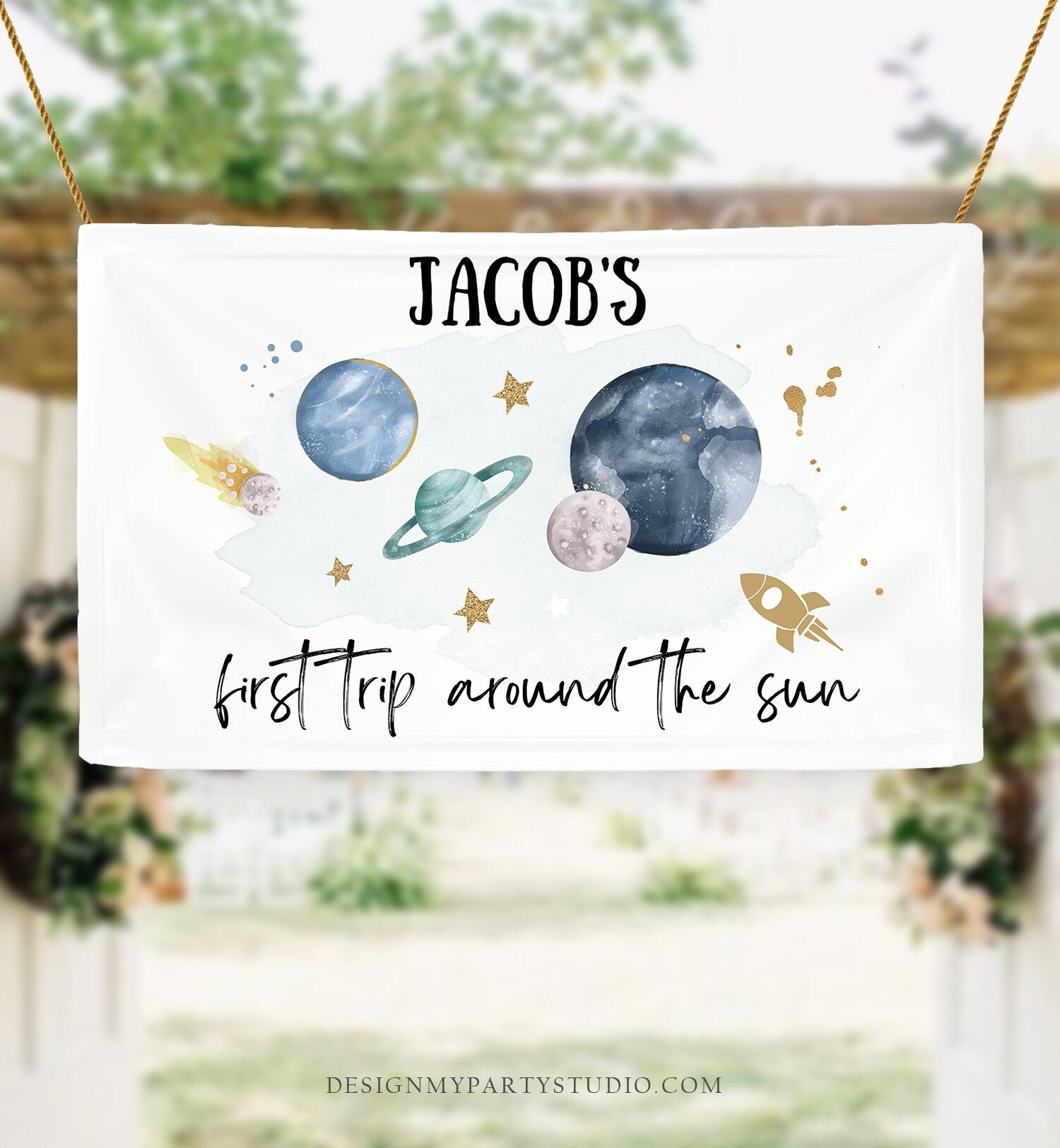 Editable Outer Space Backdrop Banner Space Birthday Boy First Trip Around the Sun Galaxy Planets Download Corjl Template Printable 0357