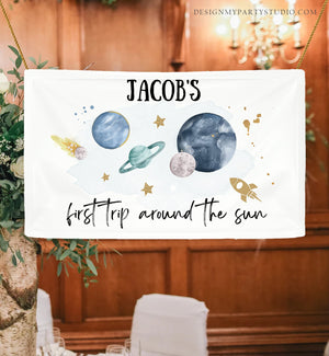 Editable Outer Space Backdrop Banner Space Birthday Boy First Trip Around the Sun Galaxy Planets Download Corjl Template Printable 0357