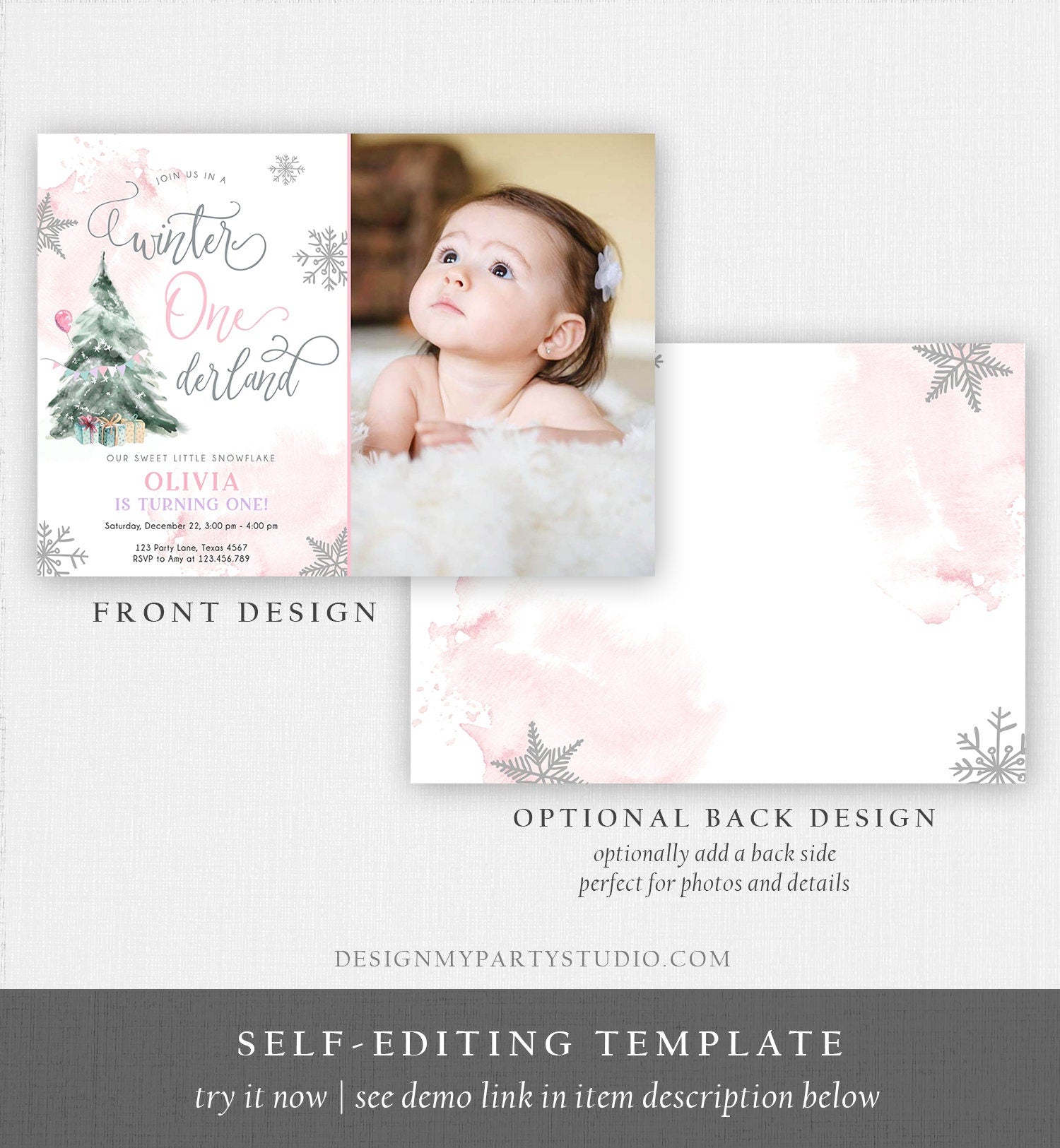 Editable Winter ONEderland Birthday Invitation First Birthday 1st Girl Pink Snow Watercolor Tree Christmas Snowflake Corjl Template 0363