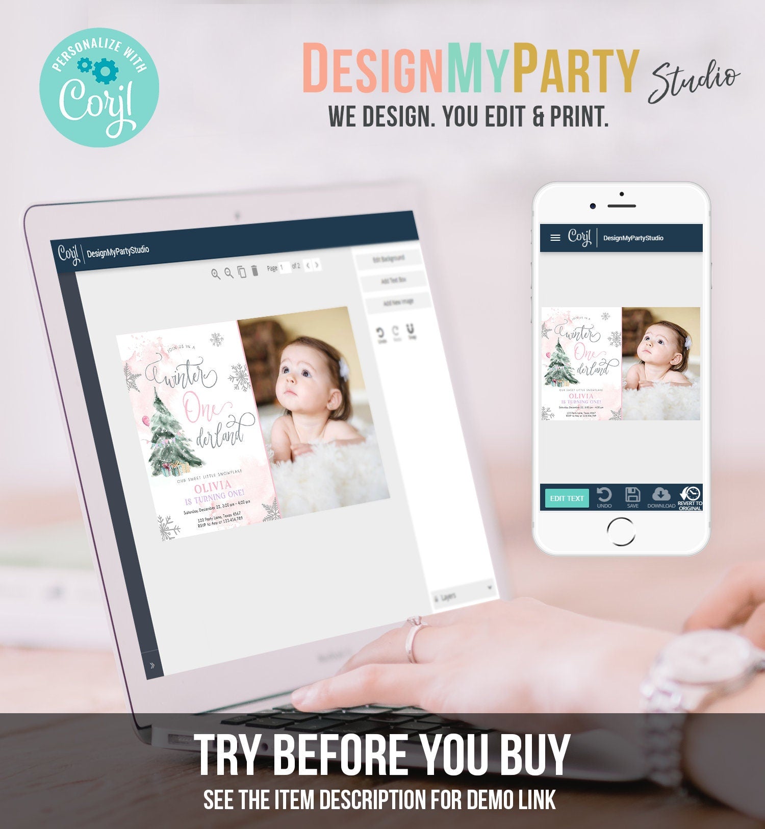 Editable Winter ONEderland Birthday Invitation First Birthday 1st Girl Pink Snow Watercolor Tree Christmas Snowflake Corjl Template 0363