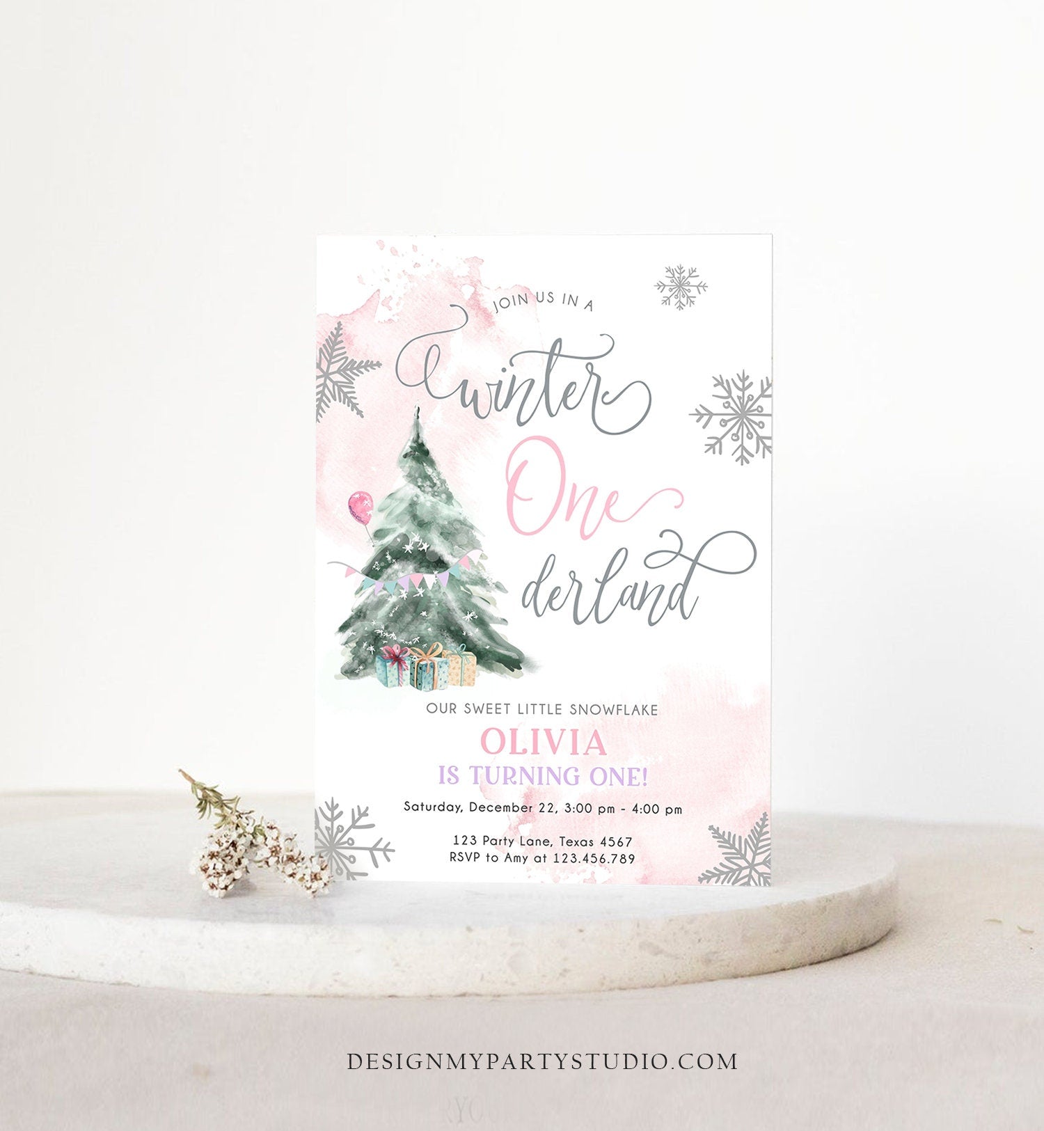 Editable Winter ONEderland Birthday Invitation First Birthday 1st Girl Pink Snow Watercolor Tree Christmas Snowflake Corjl Template 0363