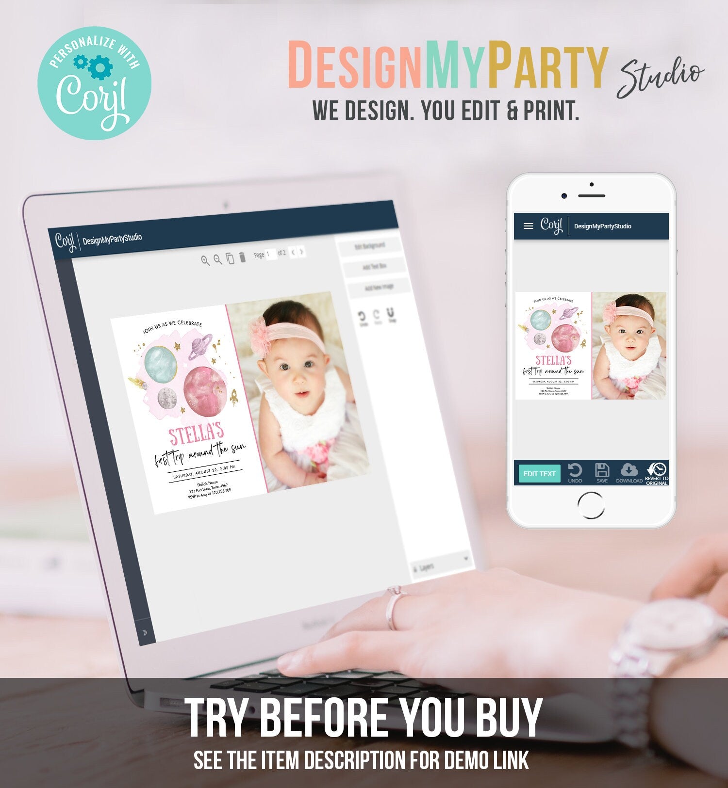 Editable Outer Space Girl First Birthday Invitation Galaxy Blast Off First Trip Around the Sun Pink Digital Download Template Printable 0357