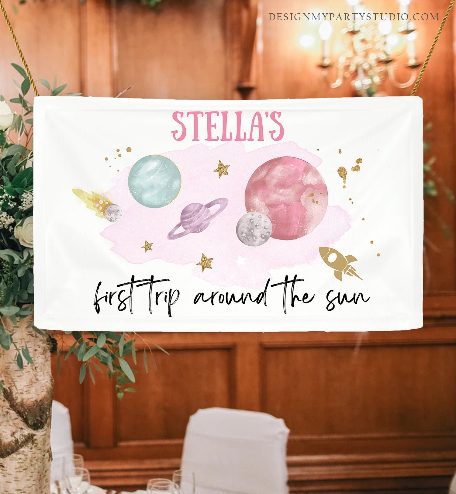 Editable Outer Space Backdrop Banner Space Birthday Girl First Trip Around the Sun Galaxy Planets Digital Download Template Printable 0357