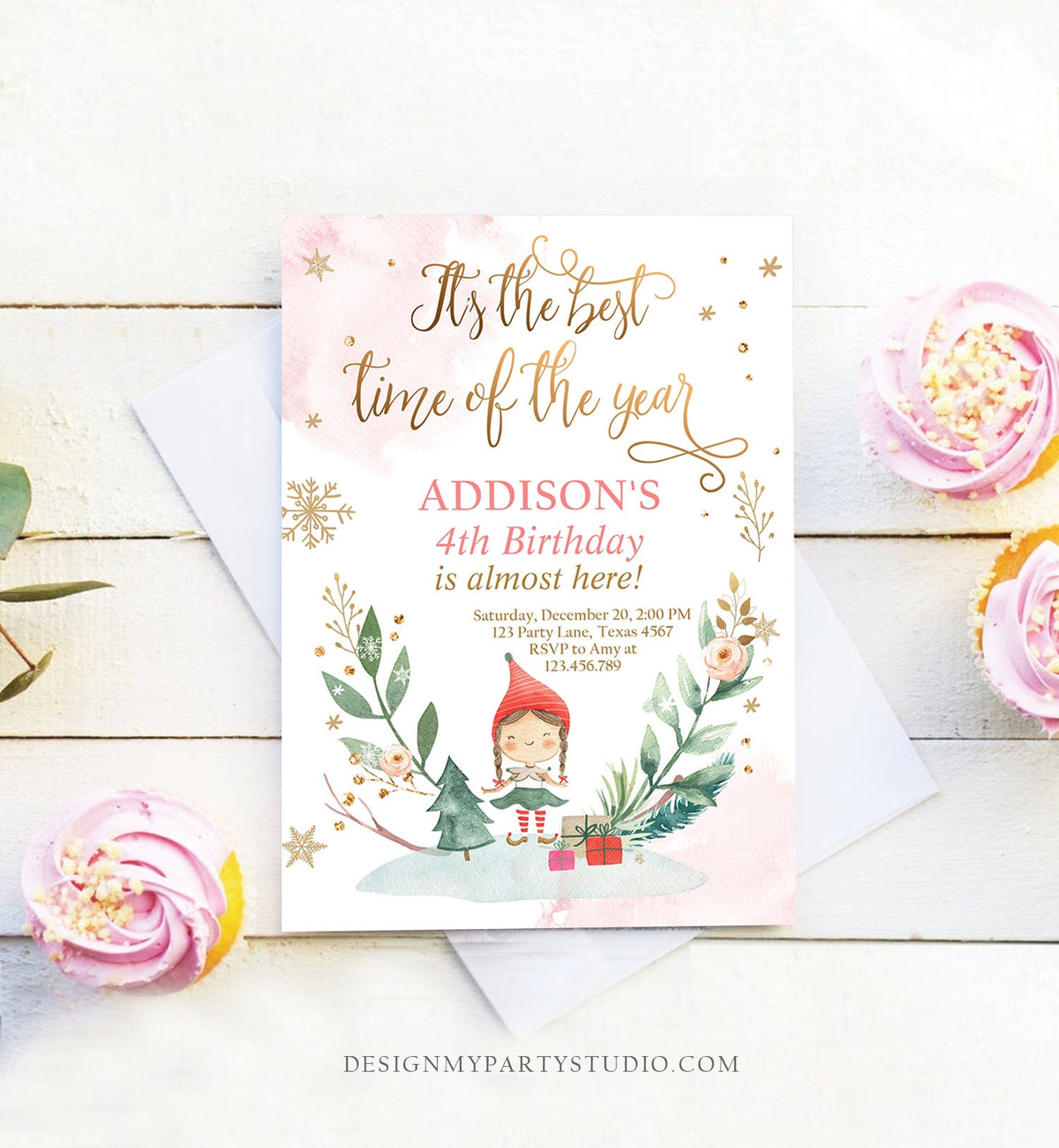 Editable Christmas Birthday Party Invitation Elf Birthday Invite Winter Best Time of The Year Girl Pink Digital Template Printable 0353