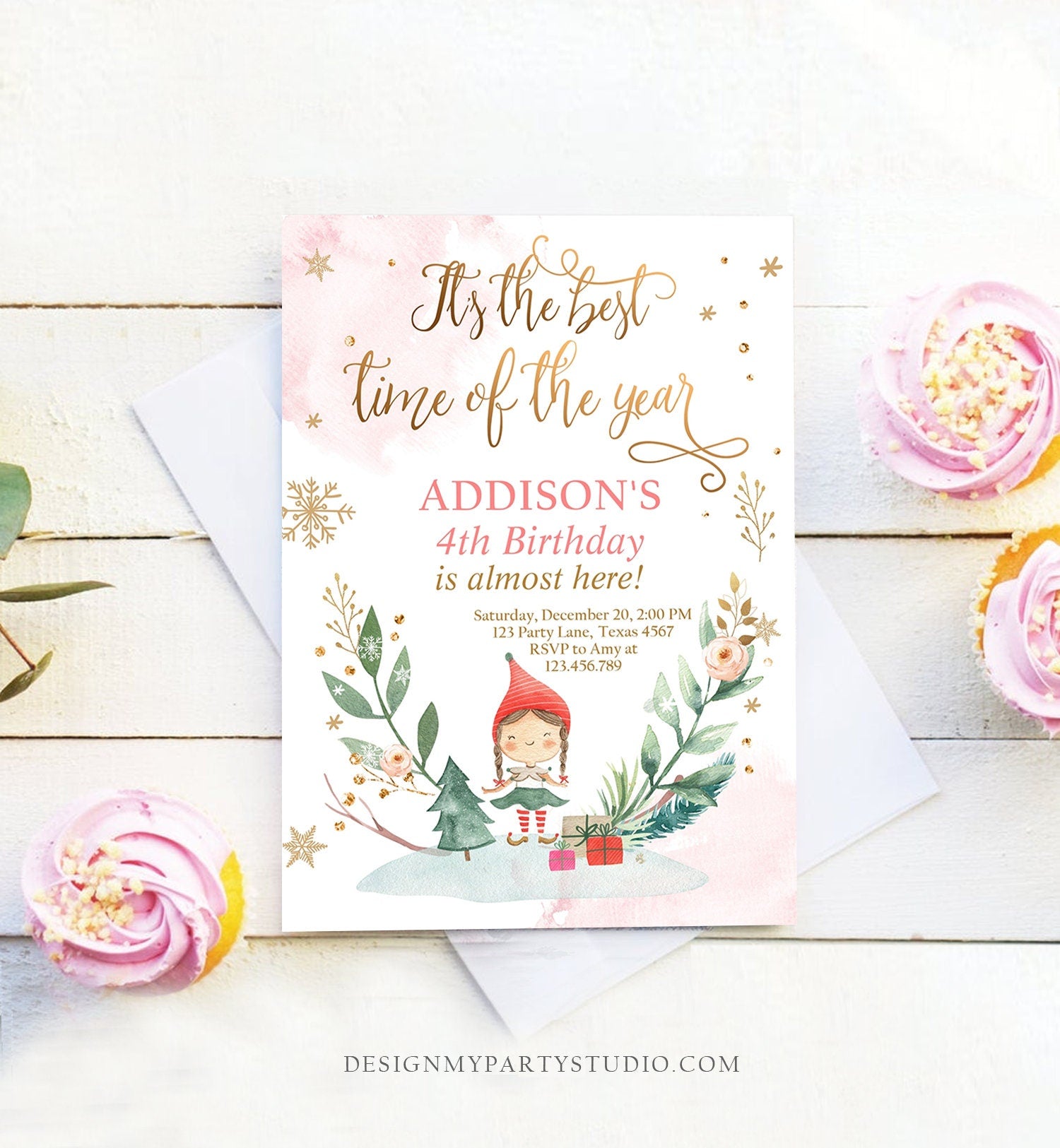 Editable Christmas Birthday Party Invitation Elf Birthday Invite Winter Best Time of The Year Girl Pink Digital Template Printable 0353