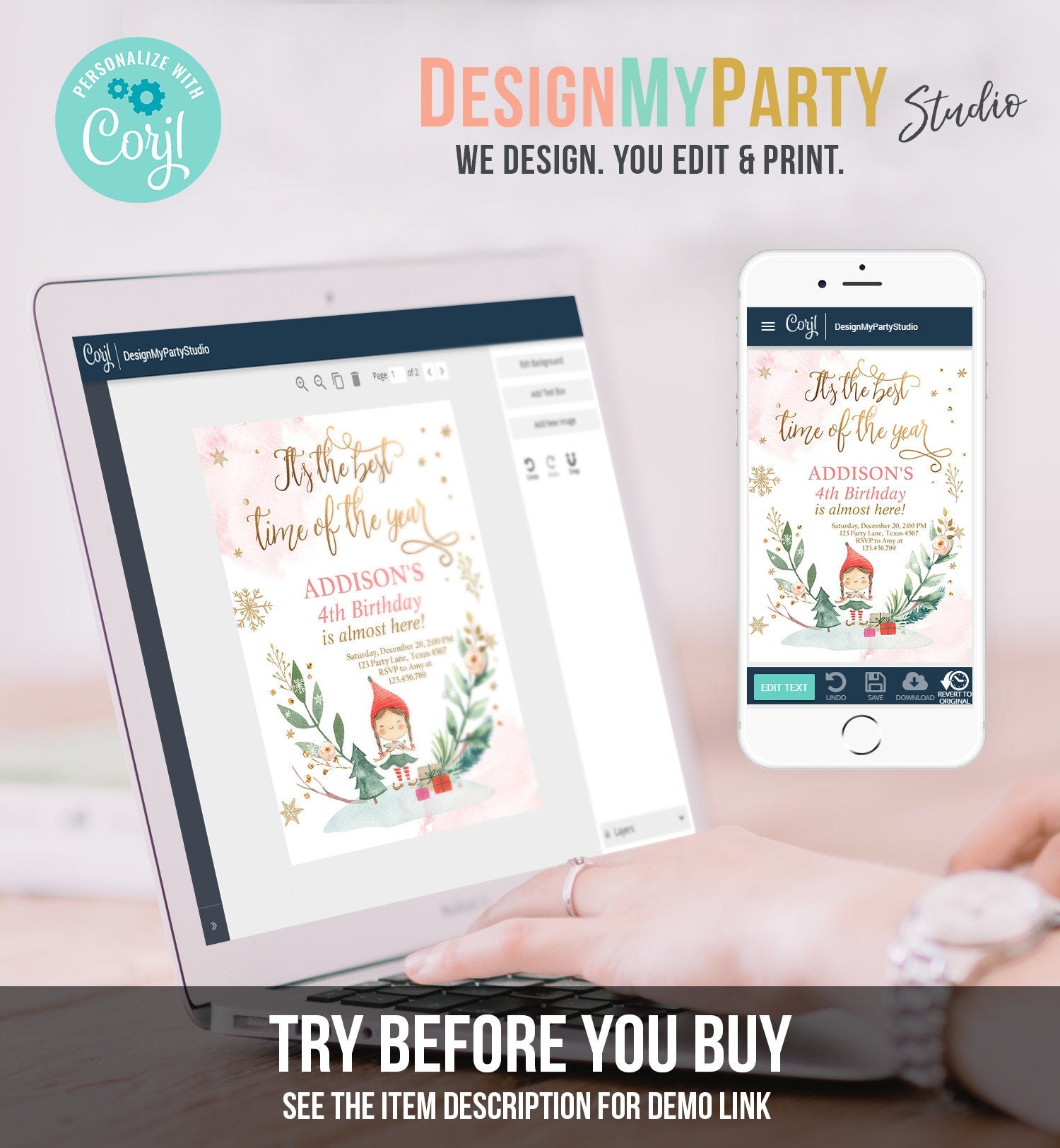 Editable Christmas Birthday Party Invitation Elf Birthday Invite Winter Best Time of The Year Girl Pink Digital Template Printable 0353