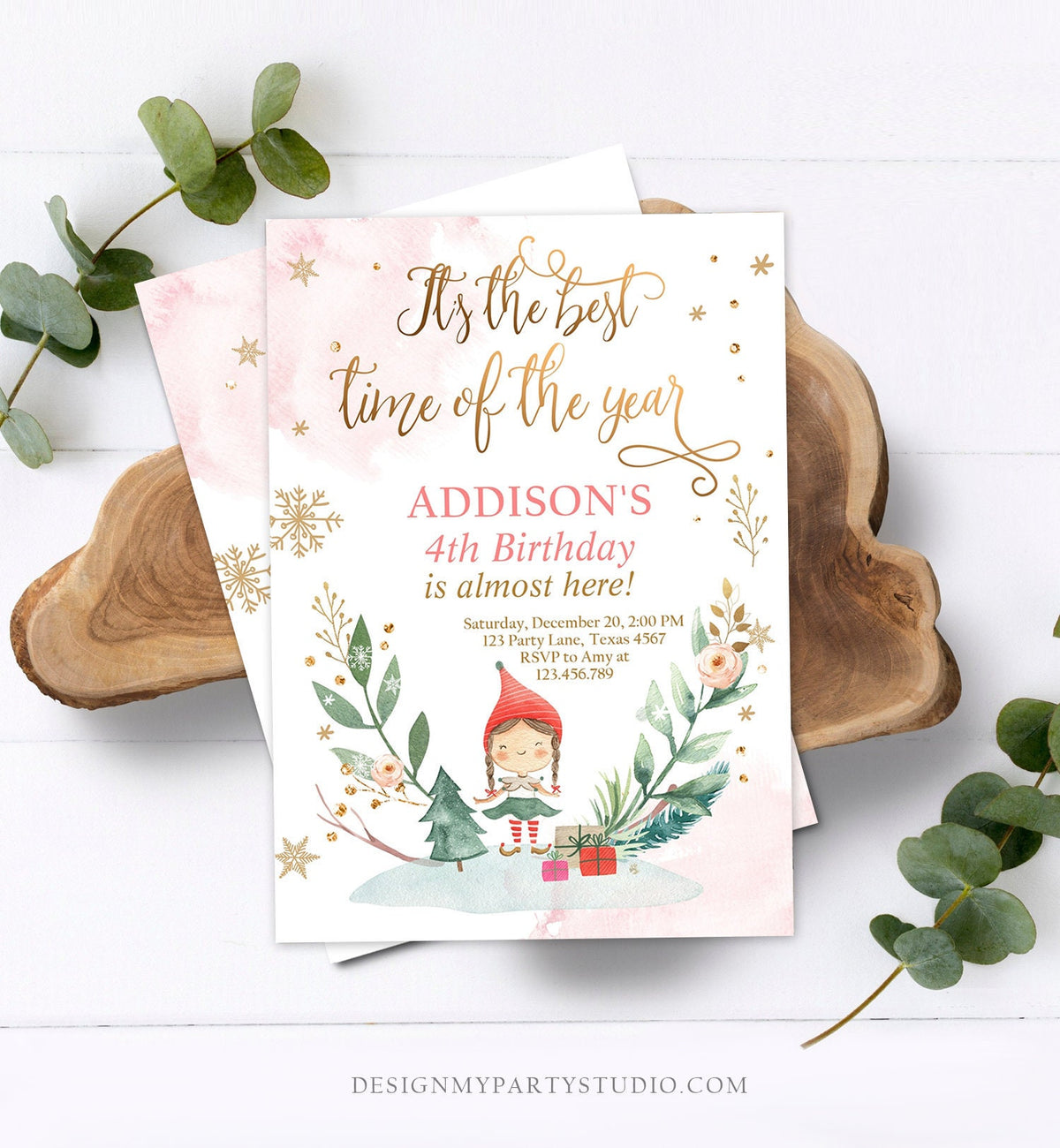 Editable Christmas Birthday Party Invitation Elf Birthday Invite Winter Best Time of The Year Girl Pink Digital Template Printable 0353