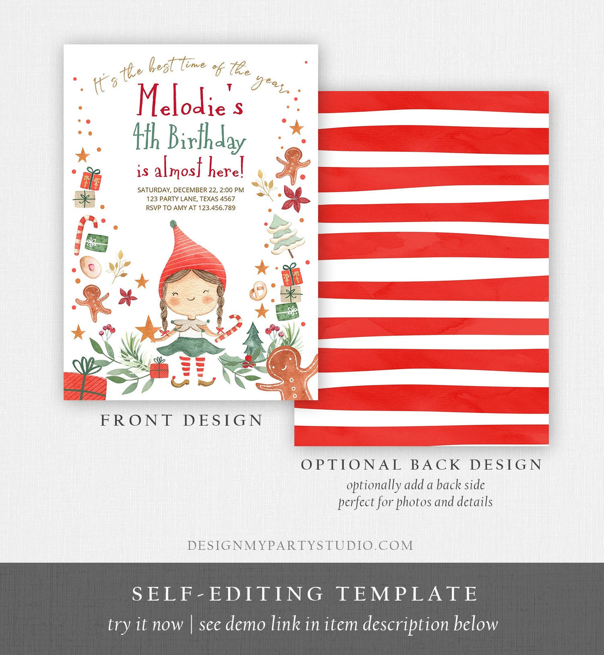 Editable Christmas Birthday Party Invitation Elf Birthday Invite Winter Best Time of The Year Girl Pink Gold Printable Template DIY 0358