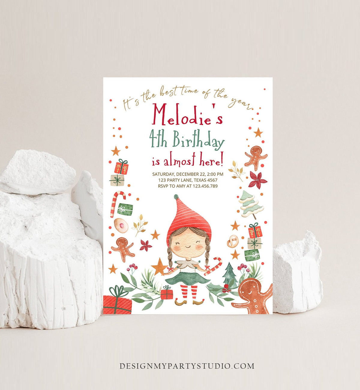 Editable Christmas Birthday Party Invitation Elf Birthday Invite Winter Best Time of The Year Girl Pink Gold Printable Template DIY 0358