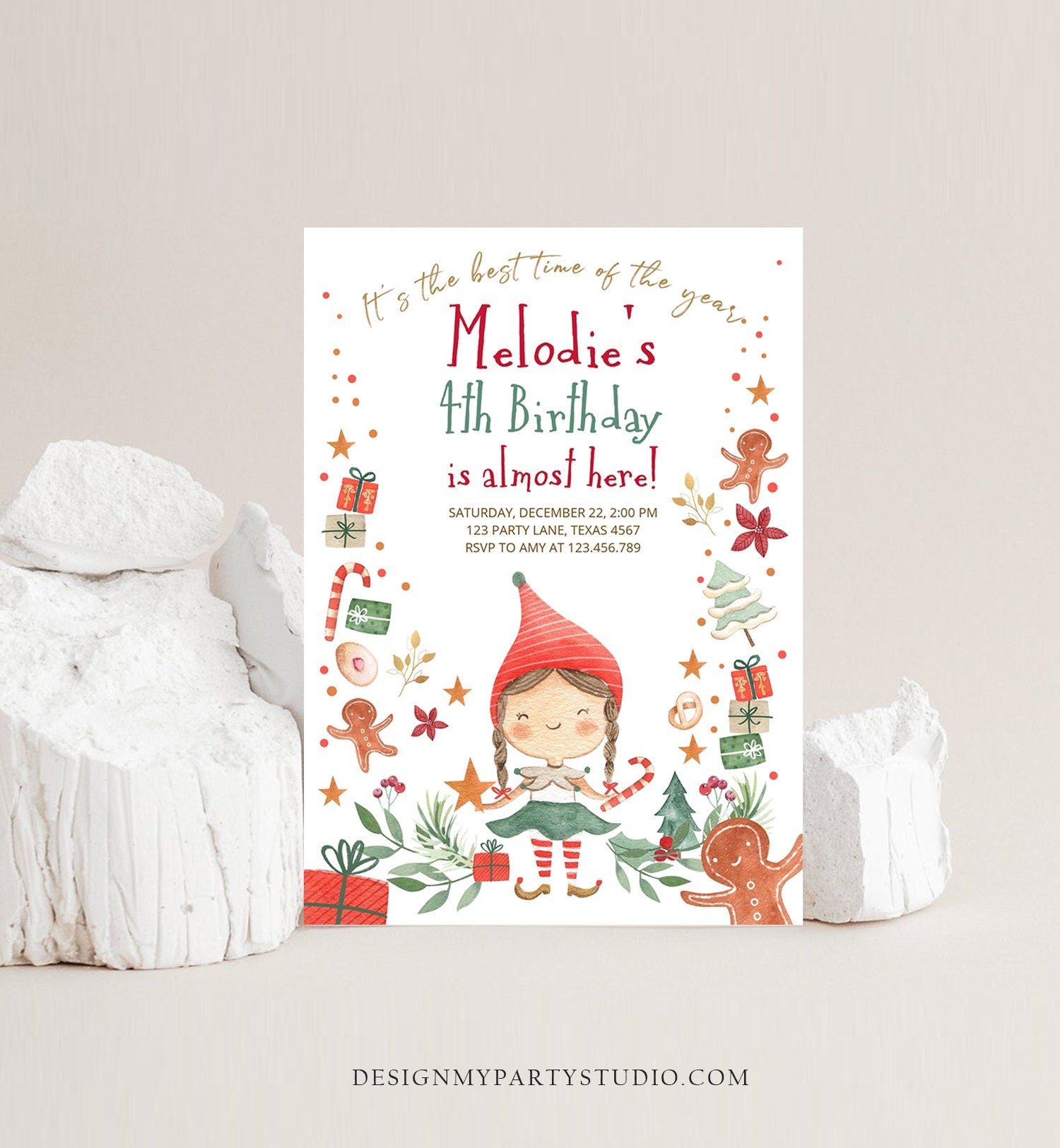 Editable Christmas Birthday Party Invitation Elf Birthday Invite Winter Best Time of The Year Girl Pink Gold Printable Template DIY 0358